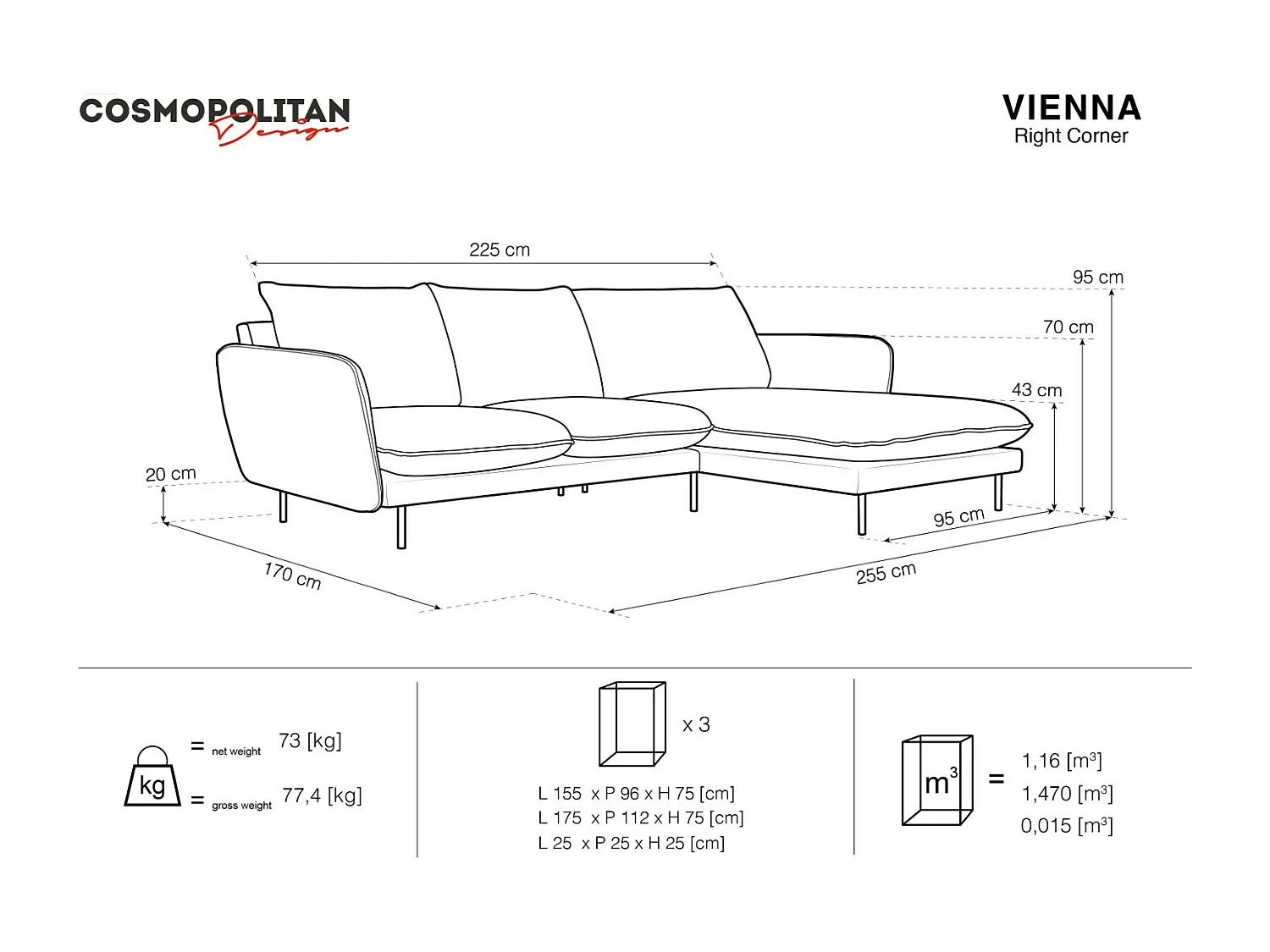 Cosmopolitan Design - 5-Sitzer Ecksofa rechts "Vienna" aus Samt dunkelblau - 255x170x95cm