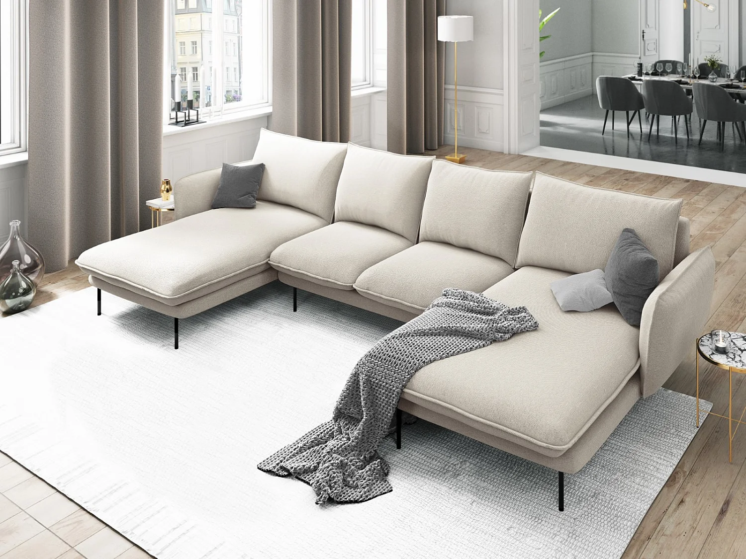 Cosmopolitan Design - Canapé panoramique "Vienna" 6 places en tissu structurel beige clair - 350x170x95cm