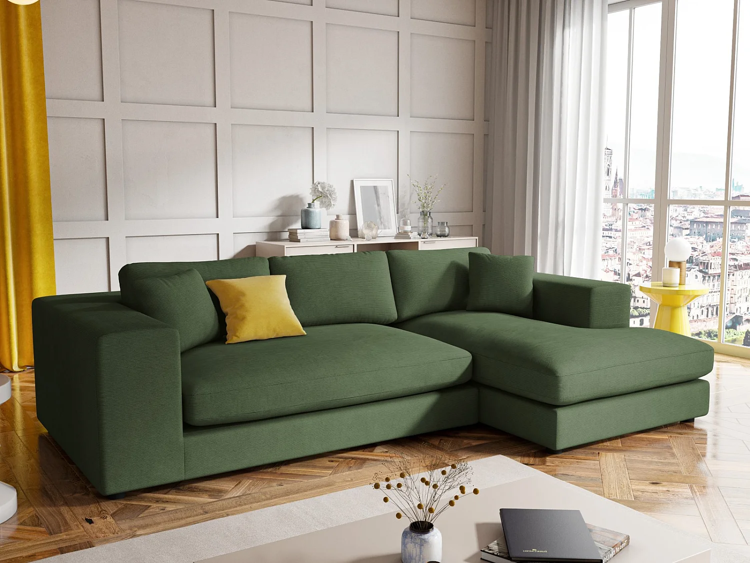CXL by Christian Lacroix - Sofá de canto direito "Tendance" 5 lugares em veludo cotelê verde - 282x174x72cm