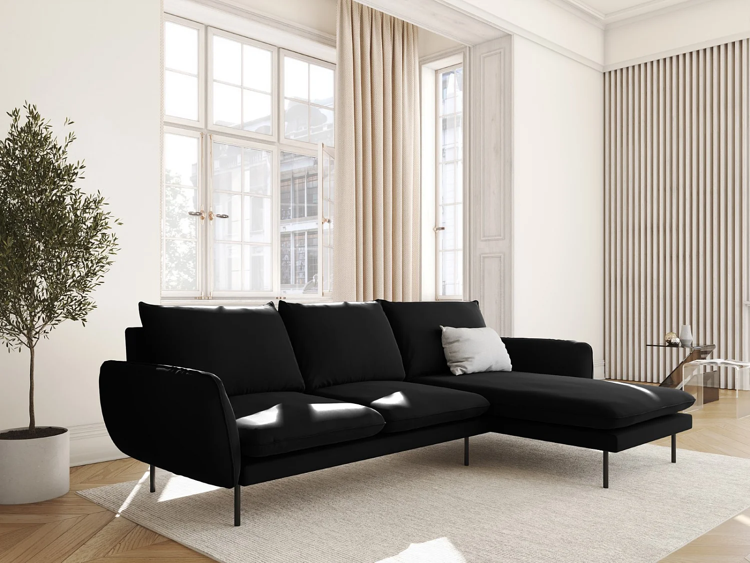 Cosmopolitan Design - Rechter hoekbank "Vienna" 5 zitplaatsen, Flueel, Zwart - 255x170x95cm
