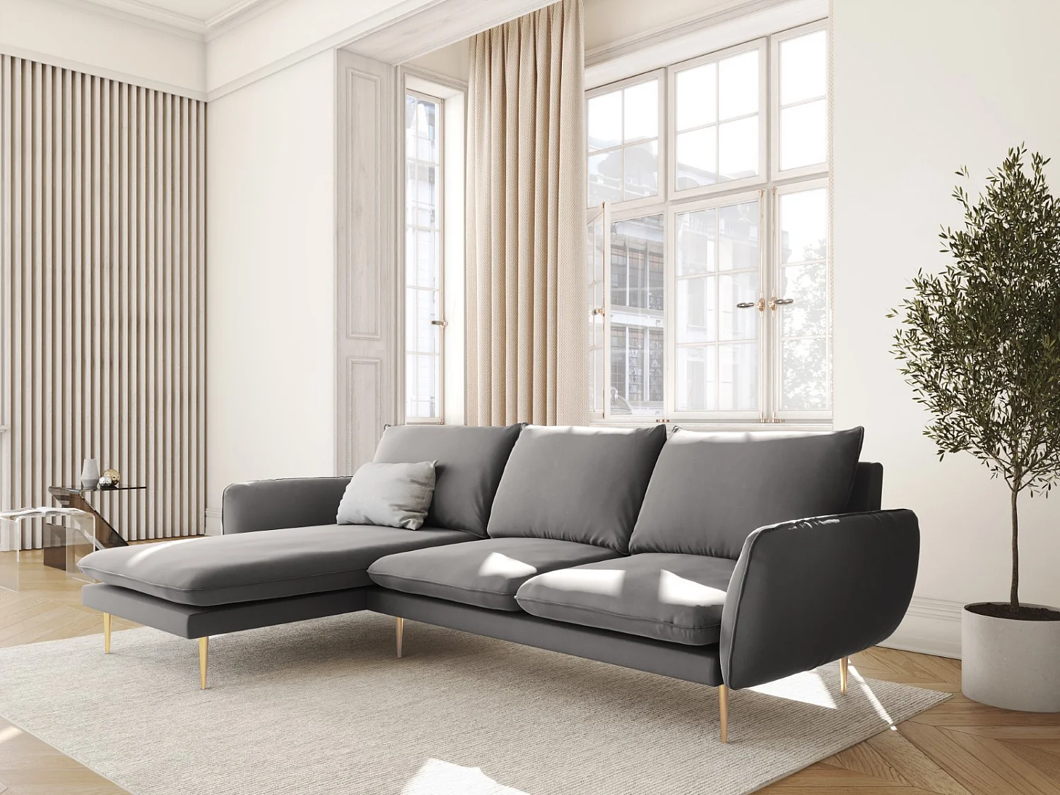 Cosmopolitan Design - Linker hoekbank "Vienna" 5 zitplaatsen, Flueel, Lichtgrijs - 255x170x95cm