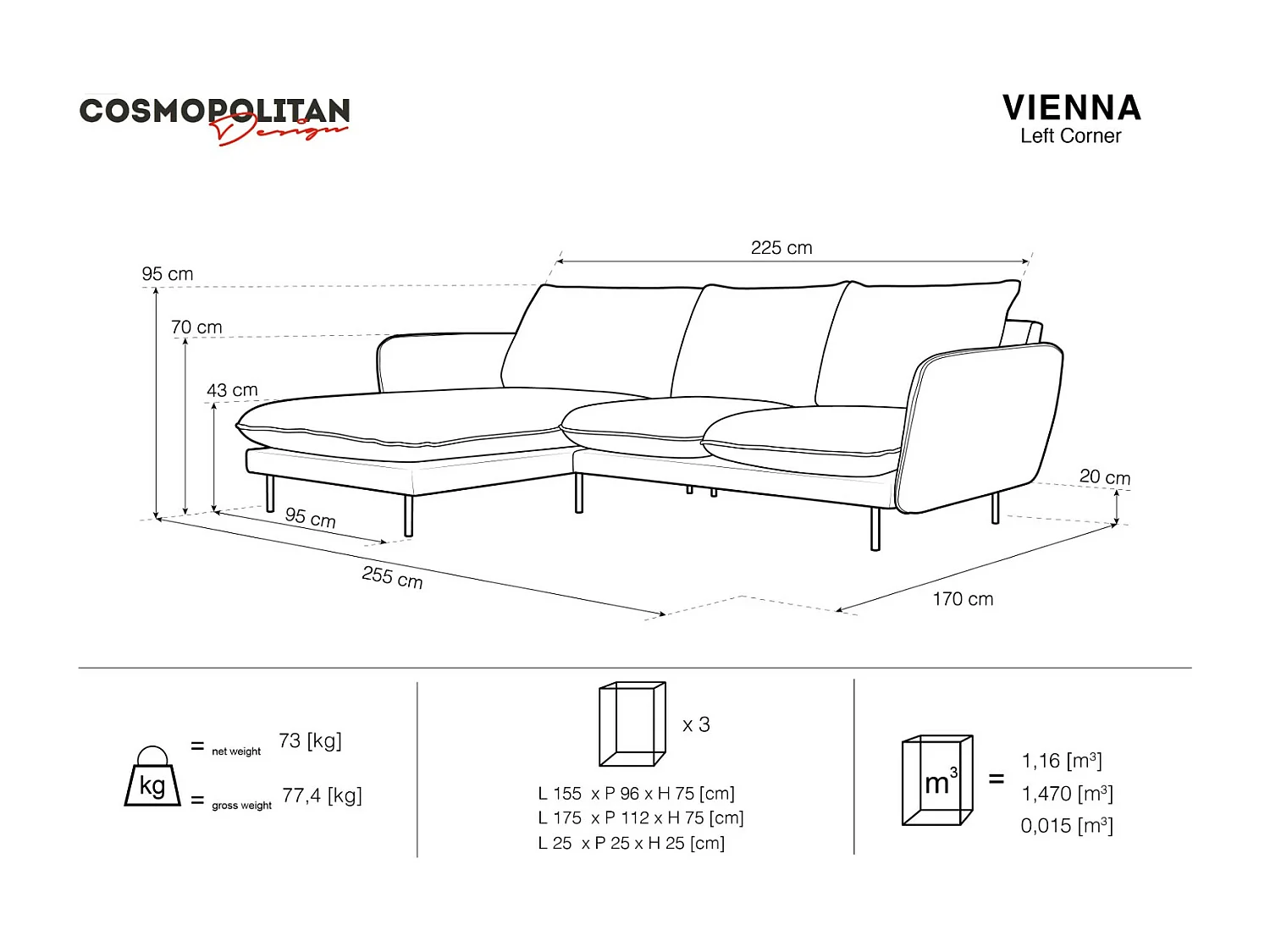 Cosmopolitan Design - Linker hoekbank "Vienna" 5 zitplaatsen, Flueel, Lichtgrijs - 255x170x95cm