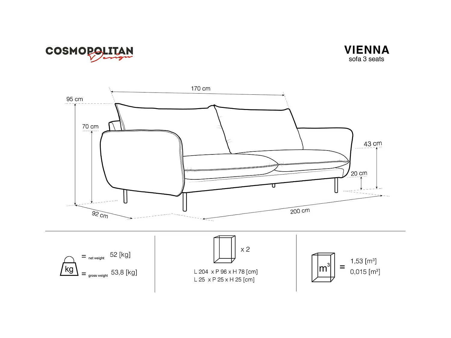 Cosmopolitan Design - Bank "Vienna" 3 zitplaatsen, Flueel, Zwart - 200x92x95cm
