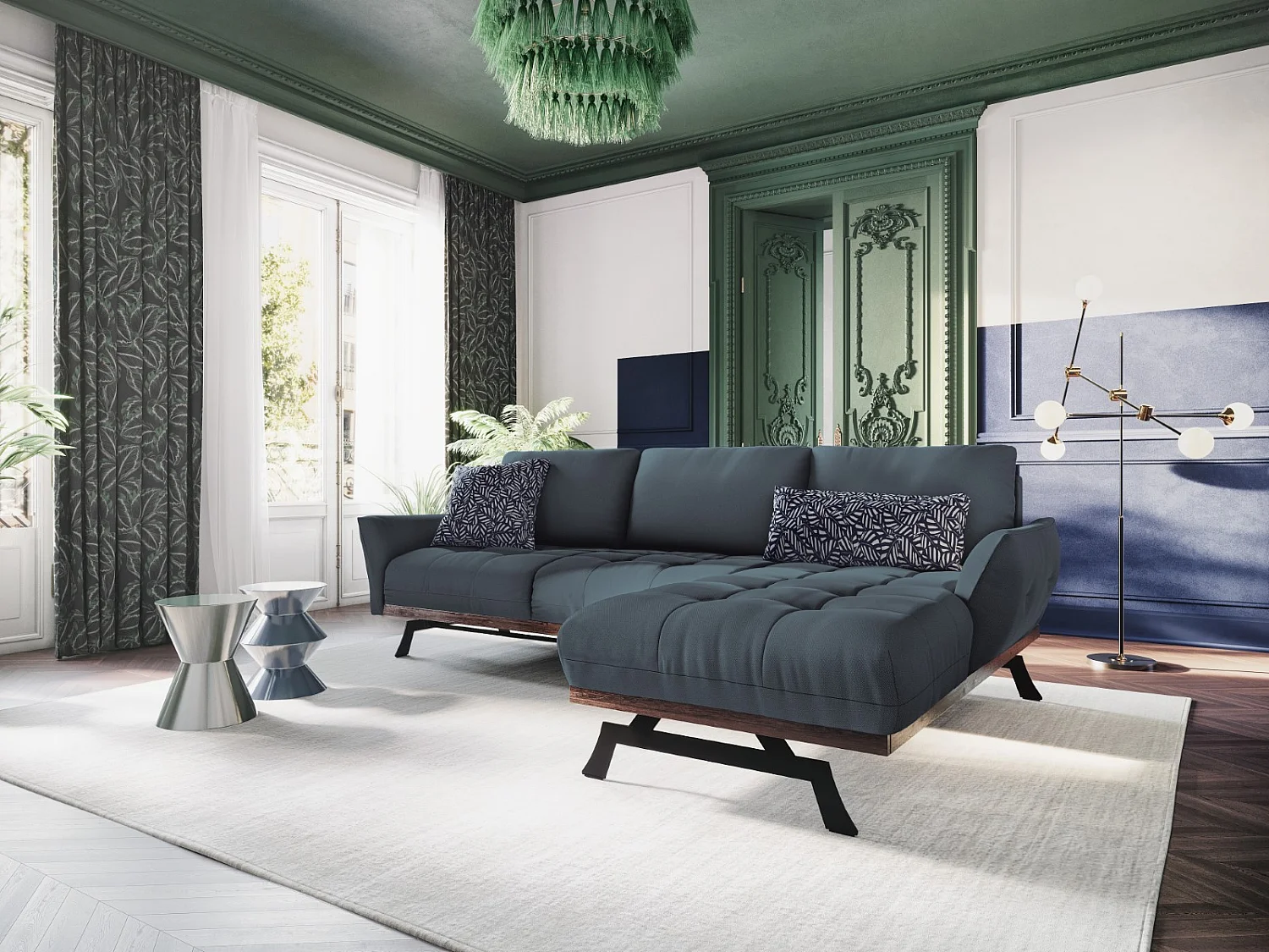 CXL by Christian Lacroix - Canapé d'angle droit modulable "Olivier" 4 places en tissu structurel bleu - 264x171x87cm