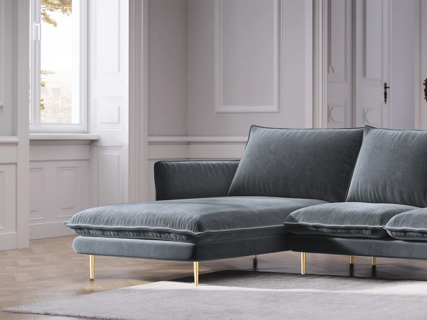 Cosmopolitan Design - Narożnik lewy, "Vienna" 5 miejsc welur, niebieski szary - 255x170x95cm