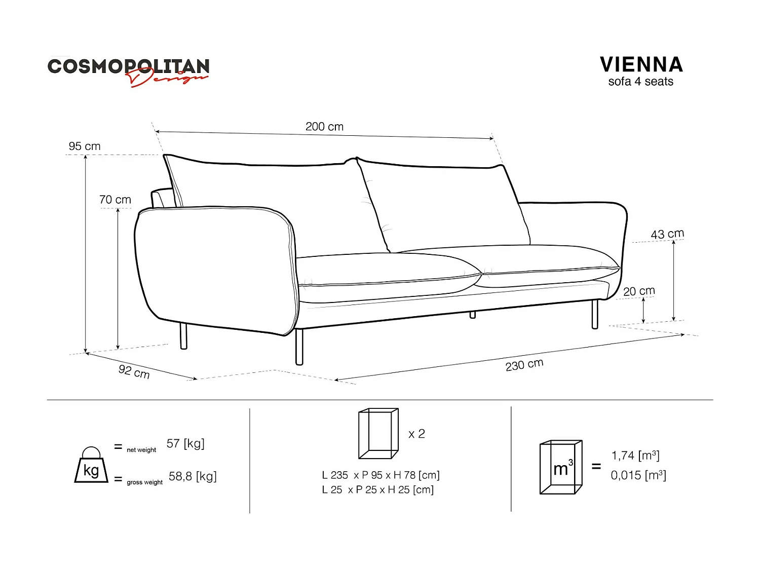Cosmopolitan Design - Canapé "Vienna" 4 places en bouclé noir - 230x92x95cm