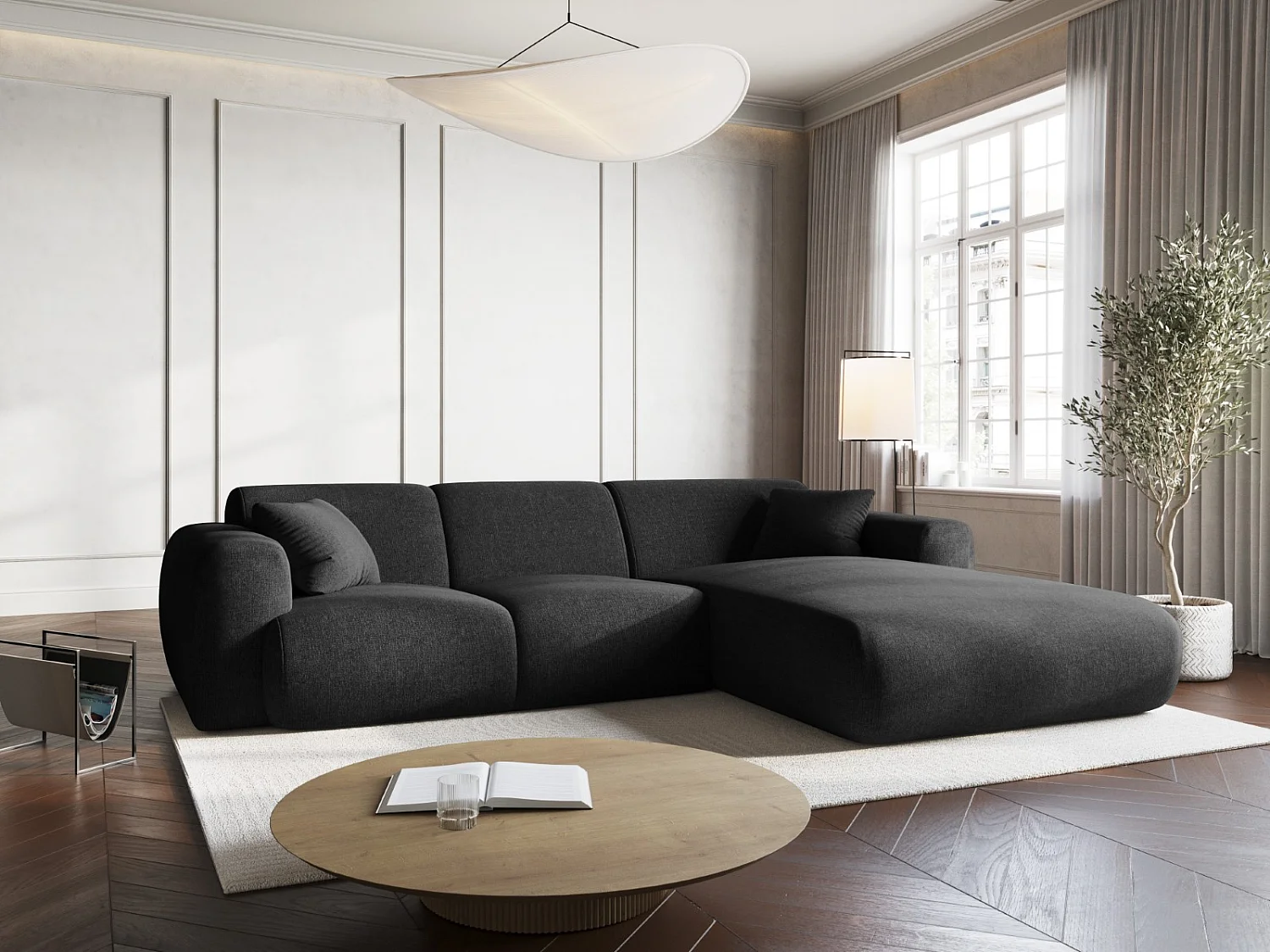 Cosmopolitan Design - Canapé d'angle droit "Nolio" 4 places en chenille noir - 260x170x72cm