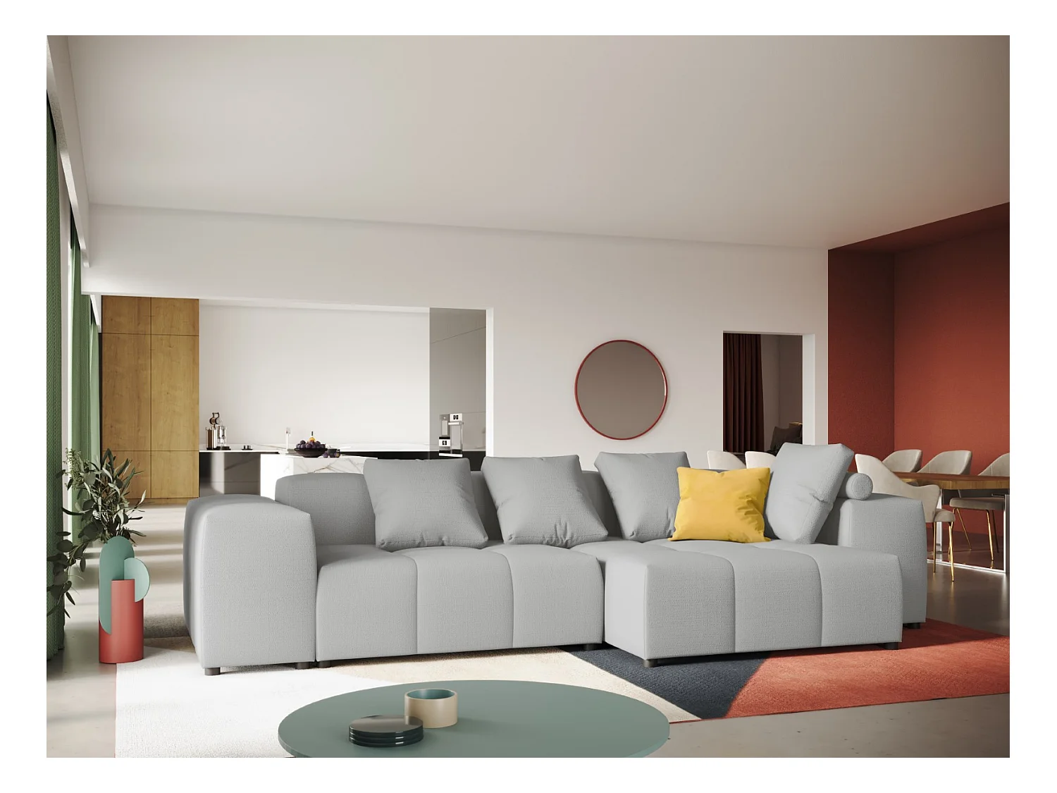 Cosmopolitan Design - Canapé d'angle symétrique modulable "Rome" 4 places en tissu structurel gris clair - 320x160x75cm