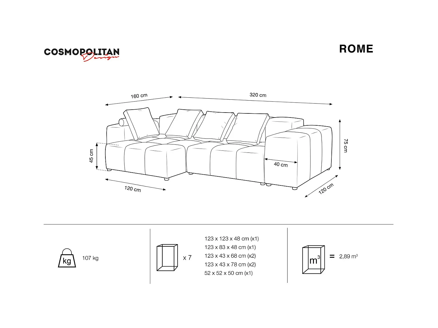 Cosmopolitan Design - Canapé d'angle symétrique modulable "Rome" 4 places en tissu structurel gris clair - 320x160x75cm