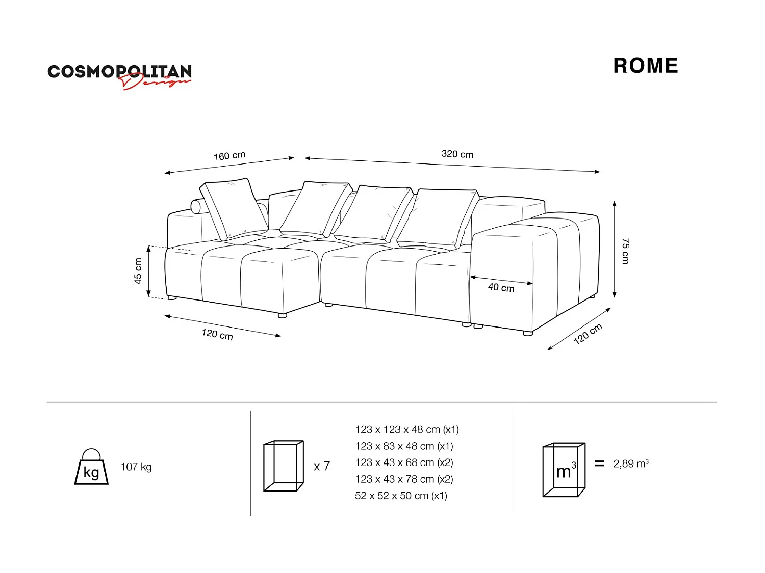 Cosmopolitan Design - Sofá de canto modular simétrico "Rome" 4 lugares em tecido estrutural cinza claro - 320x160x75cm