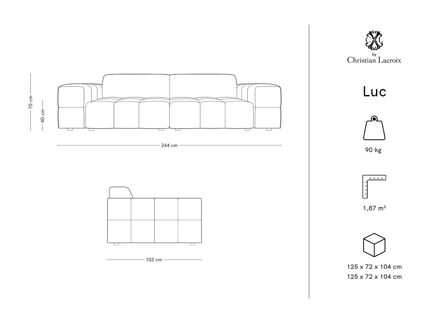 CXL by Christian Lacroix - 4-Sitzer Sofa "Luc" Sitzer aus Samt hellgrau - 244x102x70cm