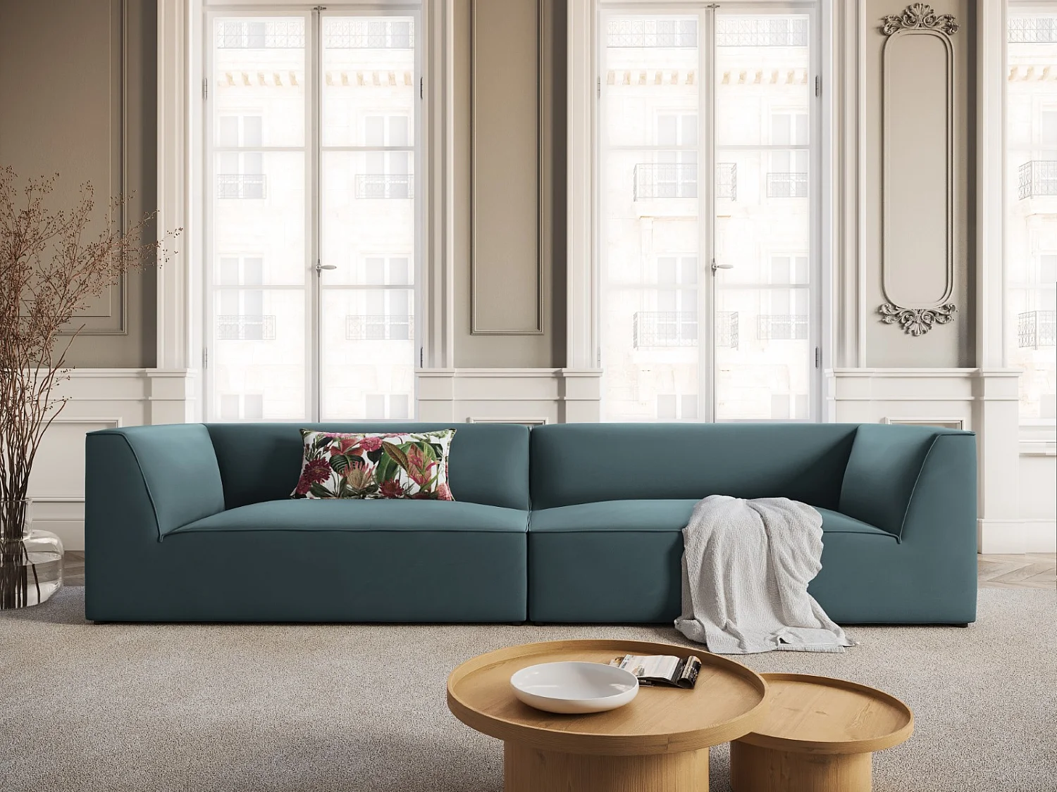 CXL by Christian Lacroix - Sofá "Charles" 4 lugares em veludo azul - 302x93x69cm