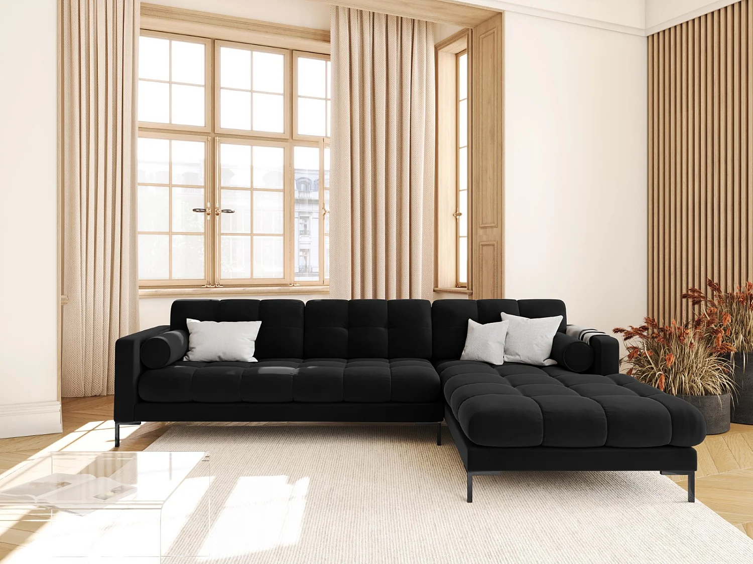 Cosmopolitan Design - Sofá esquinero derecho "Bali" 5 plazas de terciopelo negro - 293x185x75cm