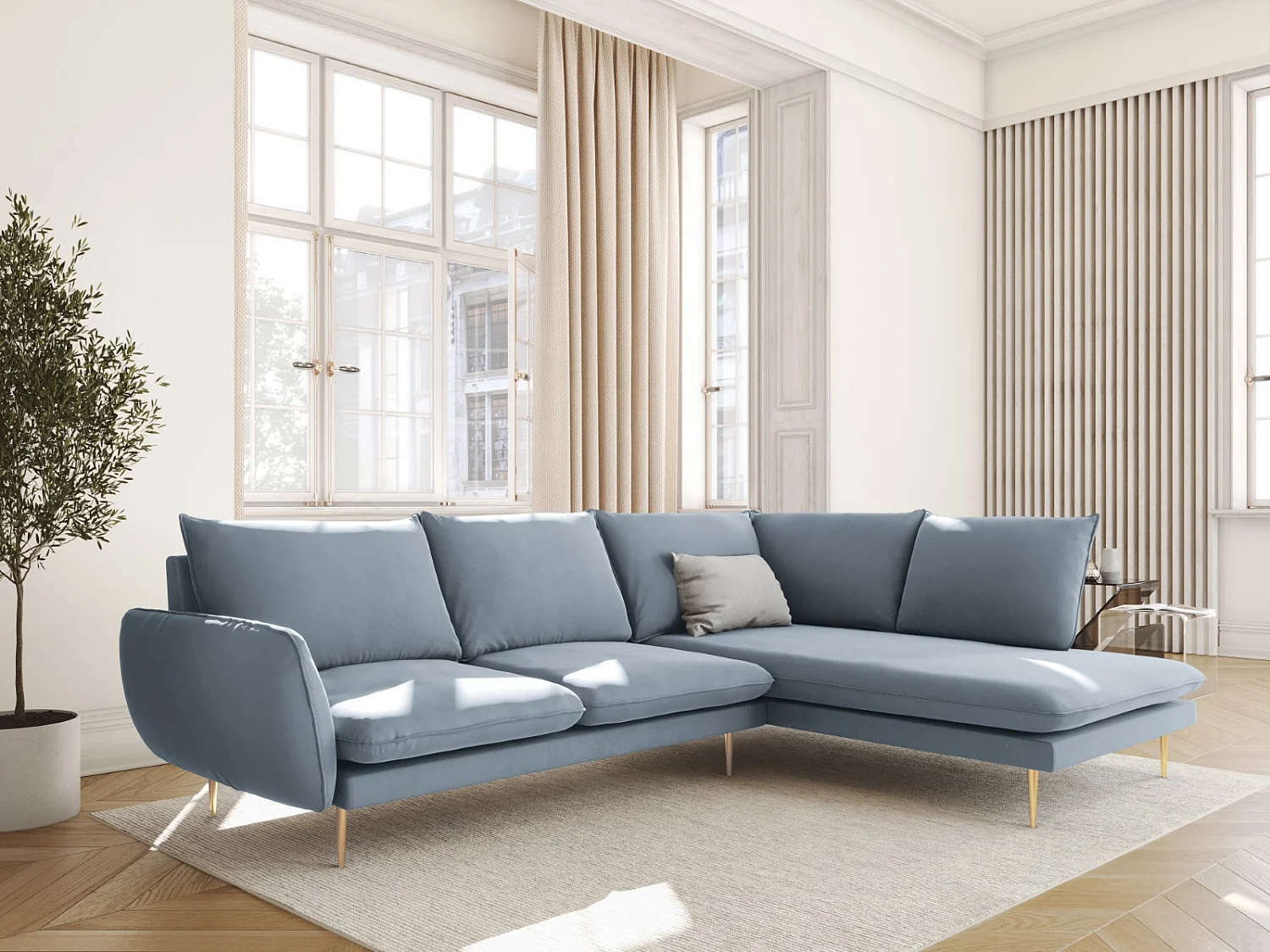 Cosmopolitan Design - Canapé d'angle droit "Vienna" 6 places en velours bleu clair - 275x185x95cm
