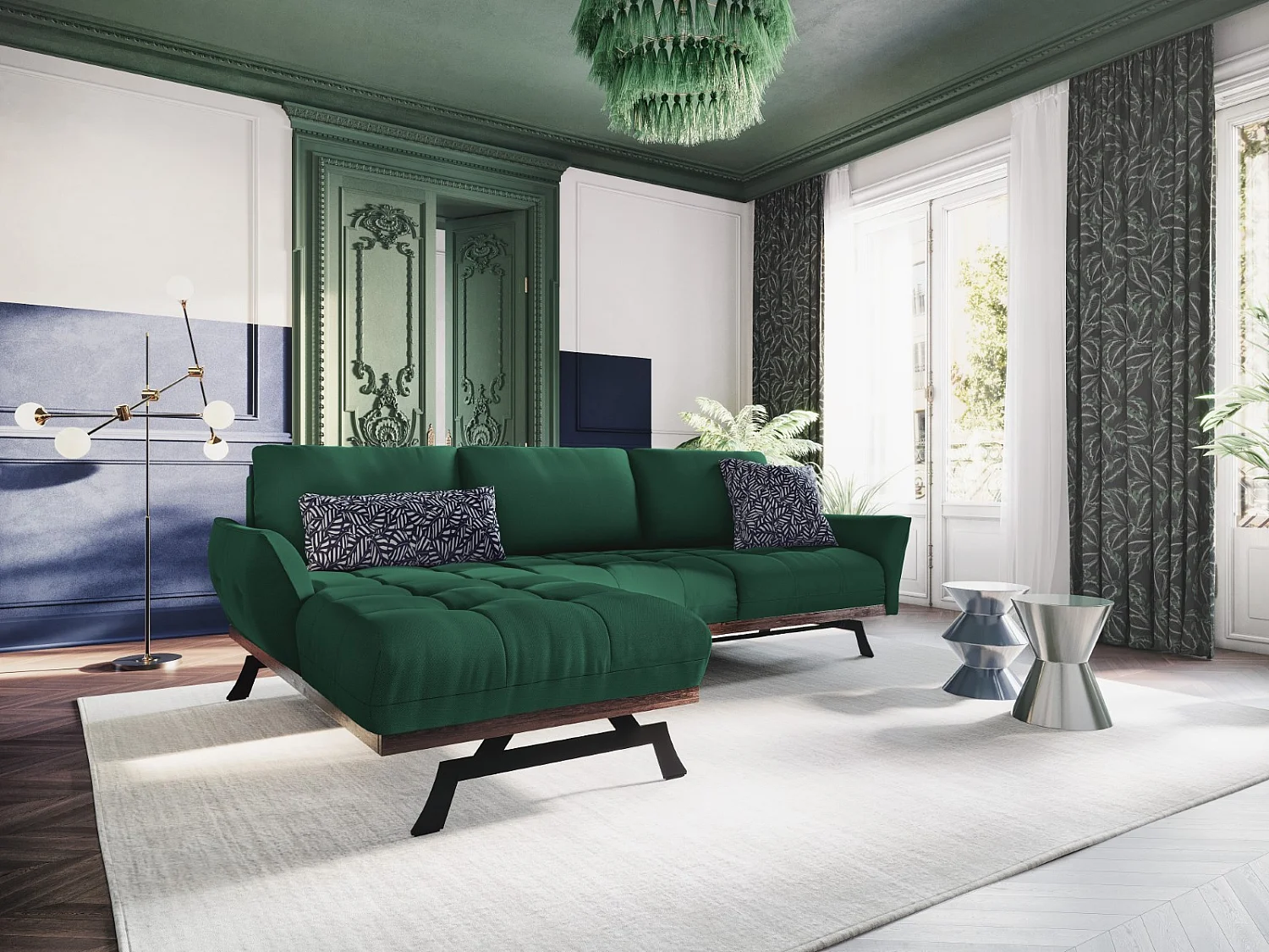 CXL by Christian Lacroix - Modulaire hoekbank links "Olivier" 4 zitplaatsen, Structurele stof, Groente - 264x171x87cm