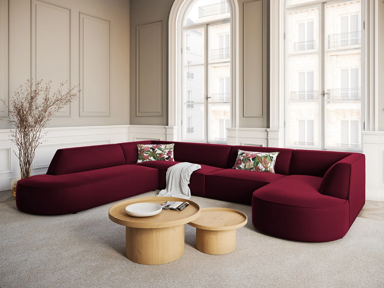 CXL by Christian Lacroix - 7-Sitzer Panoramasofa links "Charles" Sitzer aus Samt rot - 366x273x69cm