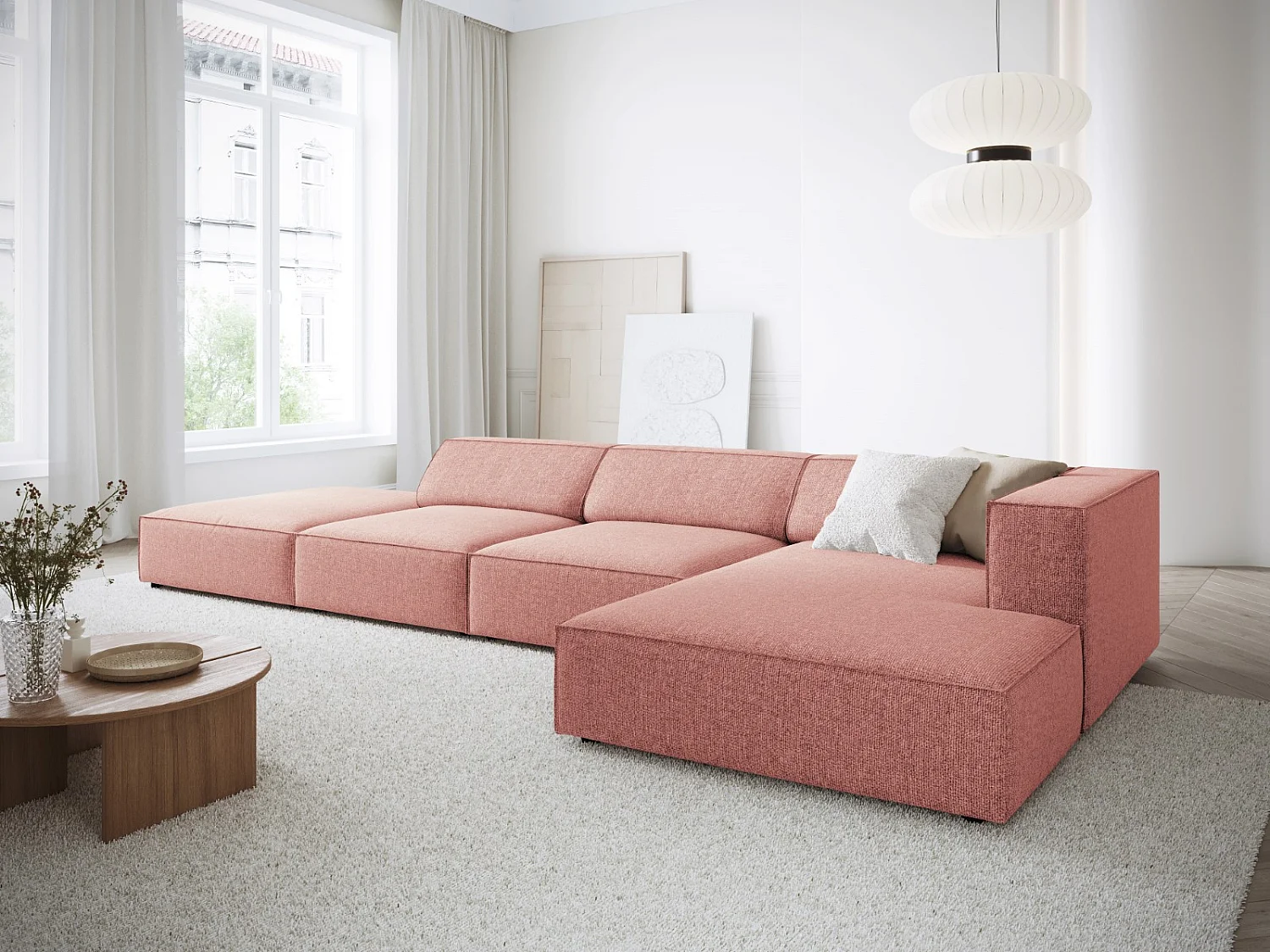 Cosmopolitan Design - 5-Sitzer Ecksofa rechts "Arendal" aus Chenille-Stoff rosa - 341x166x70cm