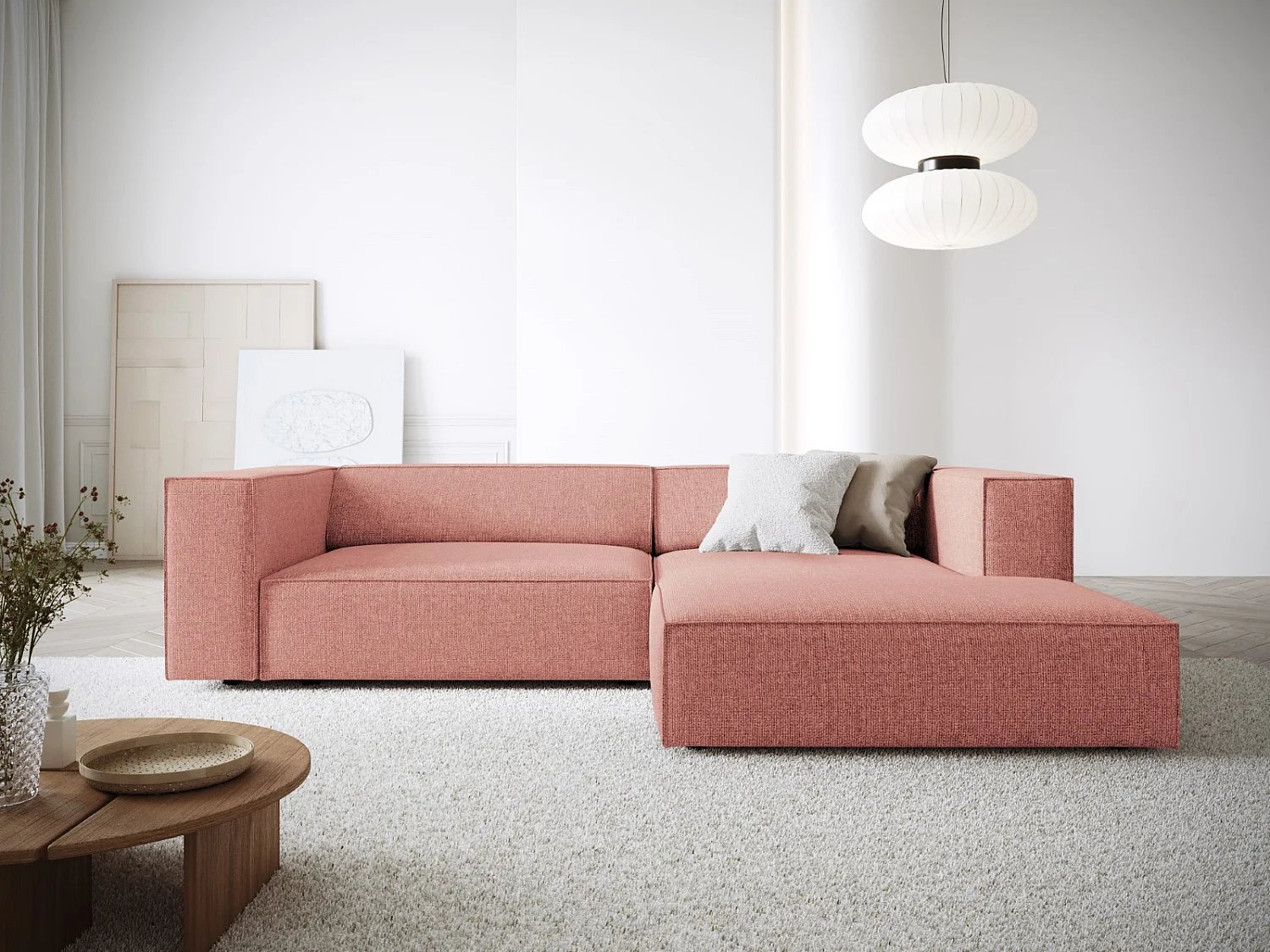 Cosmopolitan Design - Canapé d'angle droit "Arendal" 3 places en chenille rose - 224x166x70cm