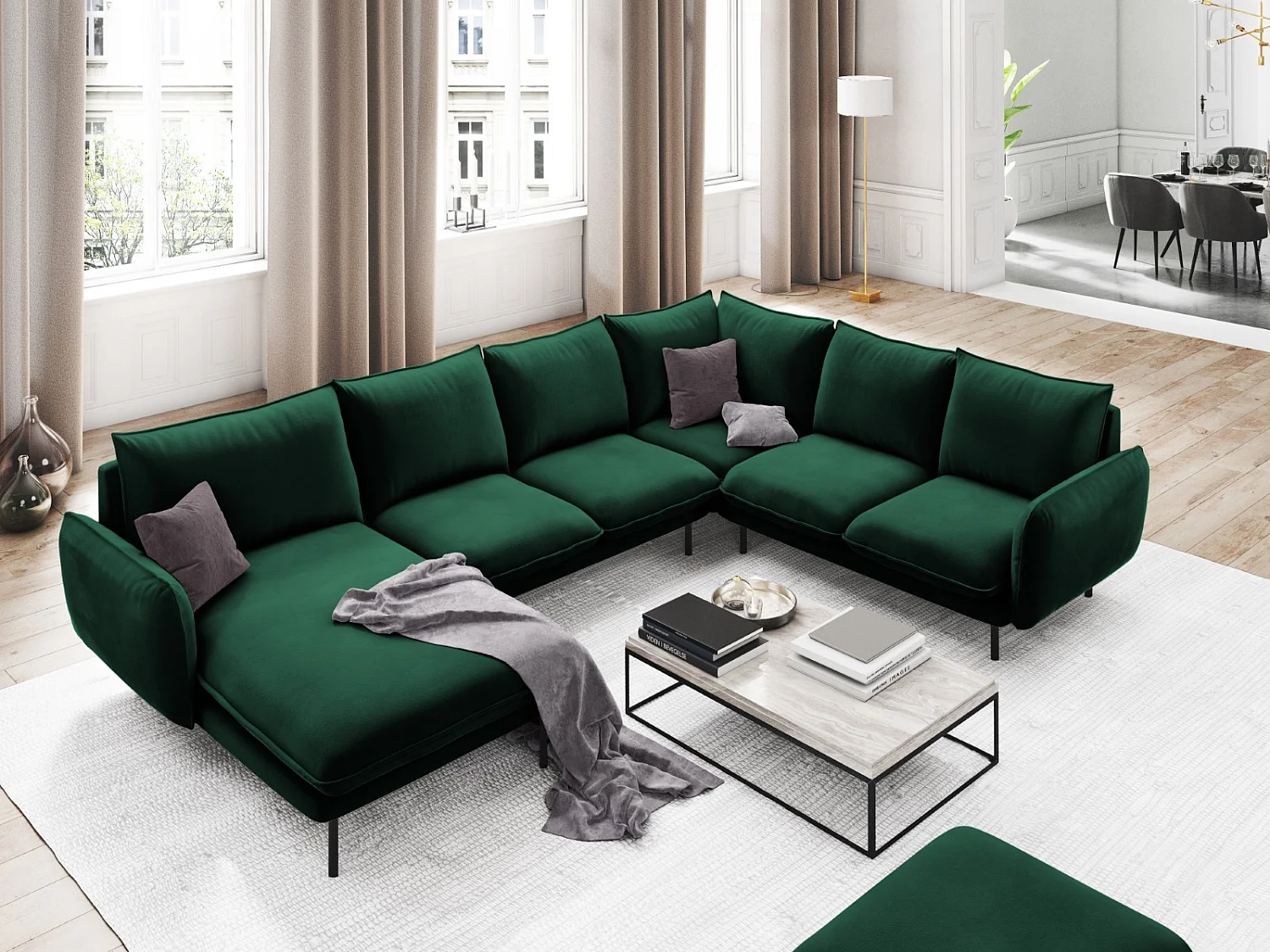 Cosmopolitan Design - Canapé d'angle droit panoramique "Vienna" 7 places en velours vert bouteille - 330x235x95cm