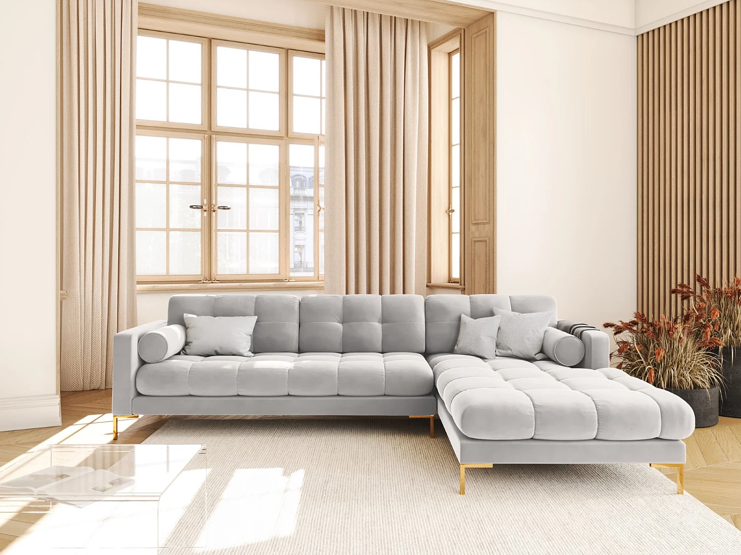 Cosmopolitan Design - 5-Sitzer Ecksofa rechts "Bali" aus Samt silber - 293x185x75cm
