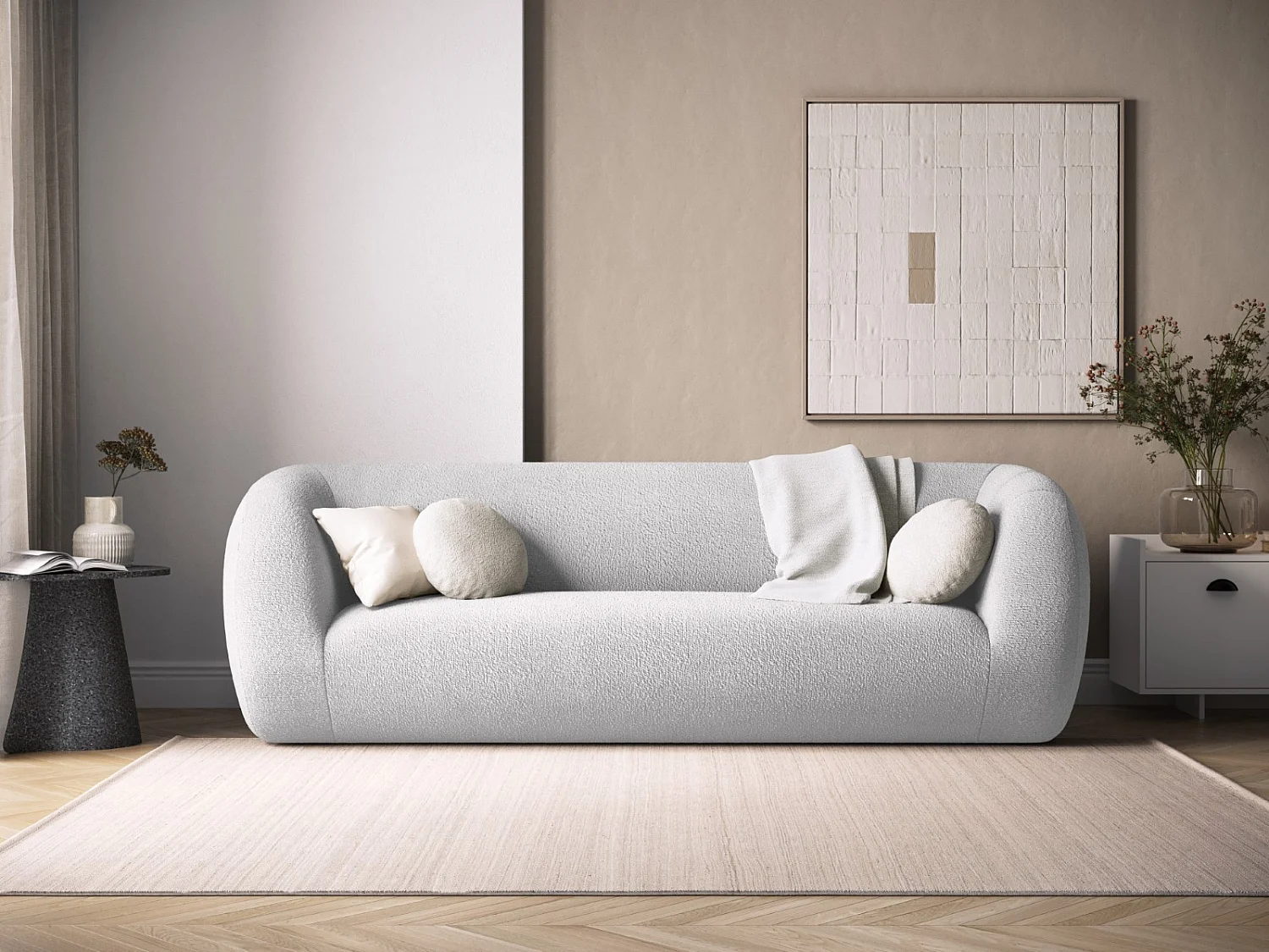 Cosmopolitan Design - 3-Sitzer Sofa "Essen" aus Boucle hellgrau - 230x95x86cm