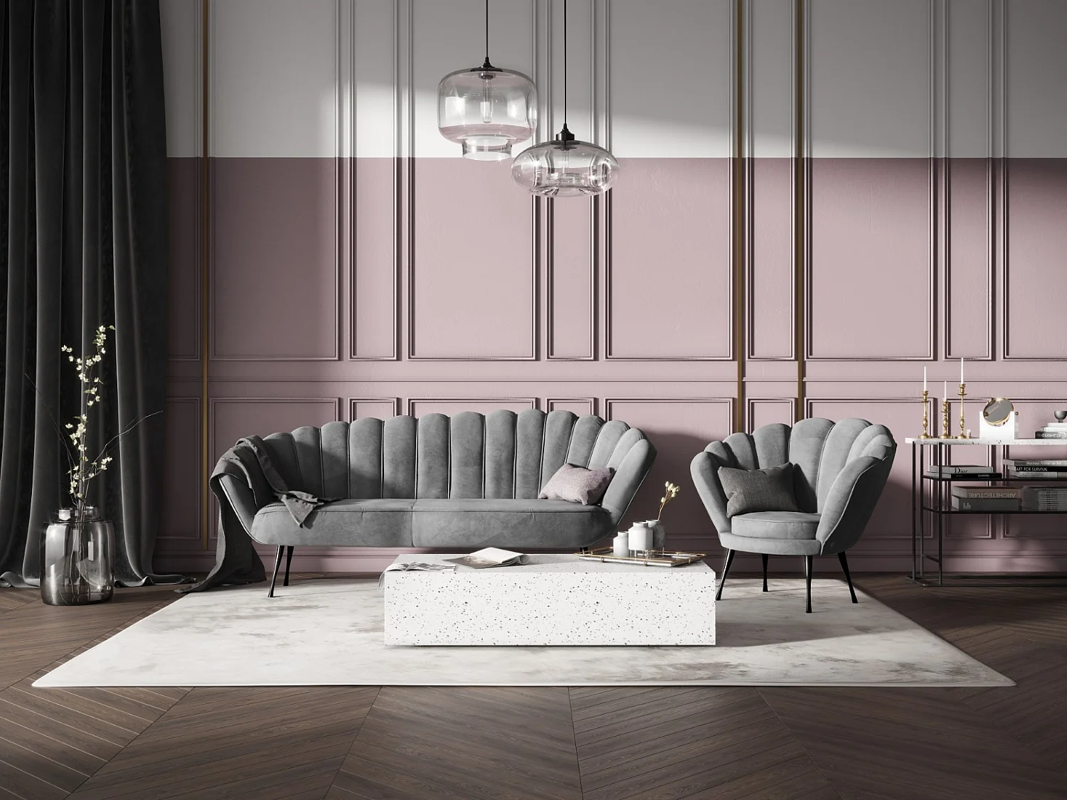 Cosmopolitan Design - Divano "Kingston" 3 posti in velluto grigio chiaro - 224x95x85cm