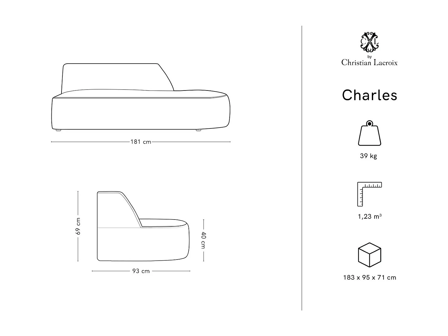 CXL by Christian Lacroix - 2-Sitzer modulares Sofa rechts "Charles" Sitzer aus Samt petrol - 181x93x69cm