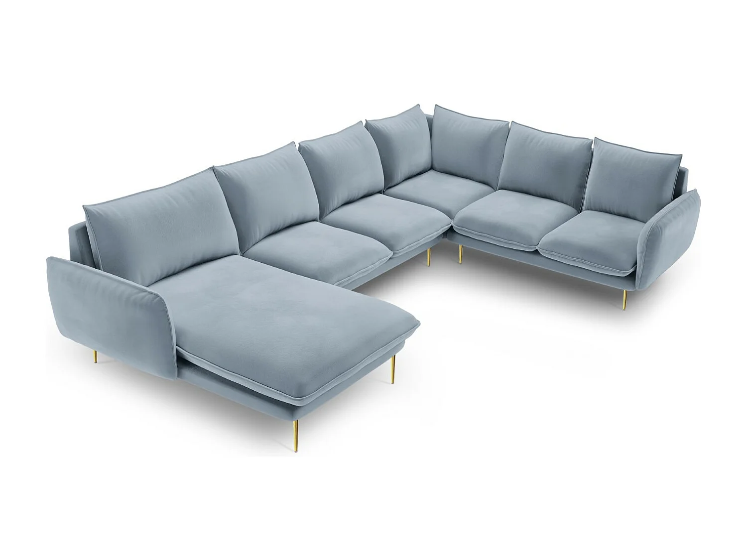 Cosmopolitan Design - Canapé d'angle droit panoramique "Vienna" 7 places en velours bleu clair - 330x235x95cm