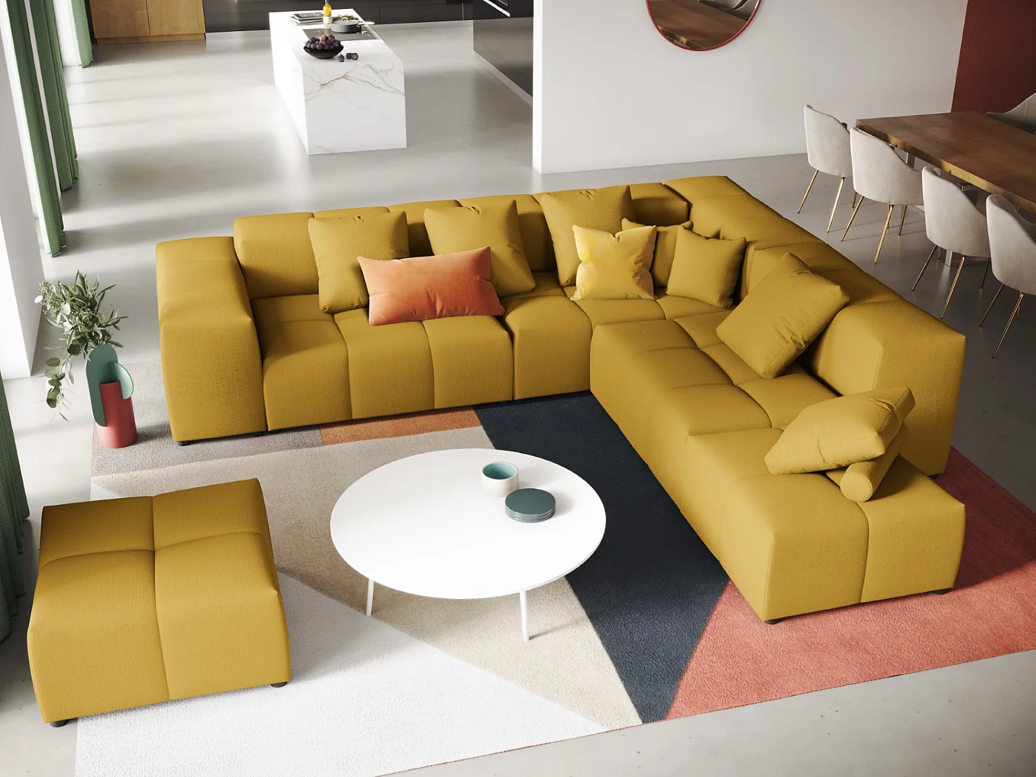 Cosmopolitan Design - Sofá de canto modular simétrico "Rome" 7 lugares em tecido estrutural amarelo - 320x320x75cm