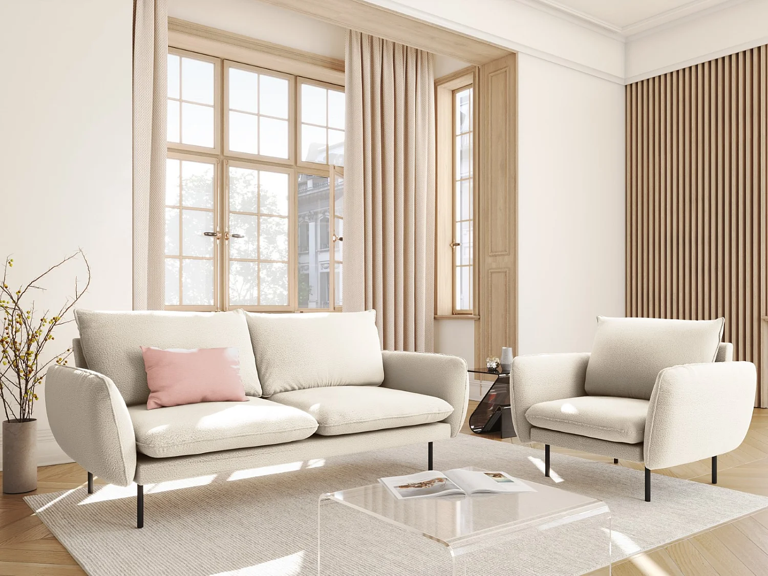 Cosmopolitan Design - Sofá "Vienna" 2 lugares em tecido bouclé bege - 160x92x95cm