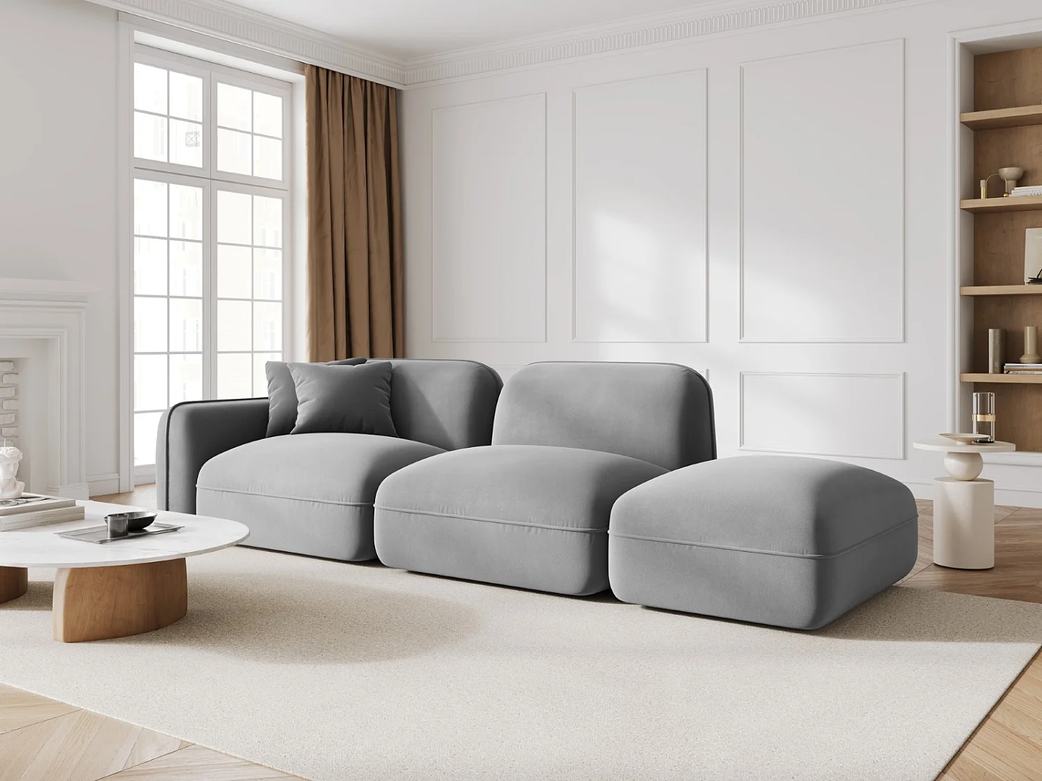 CXL by Christian Lacroix - Canapé modulable droit "Lucien" 3 places en velours gris clair - 295x90x70cm