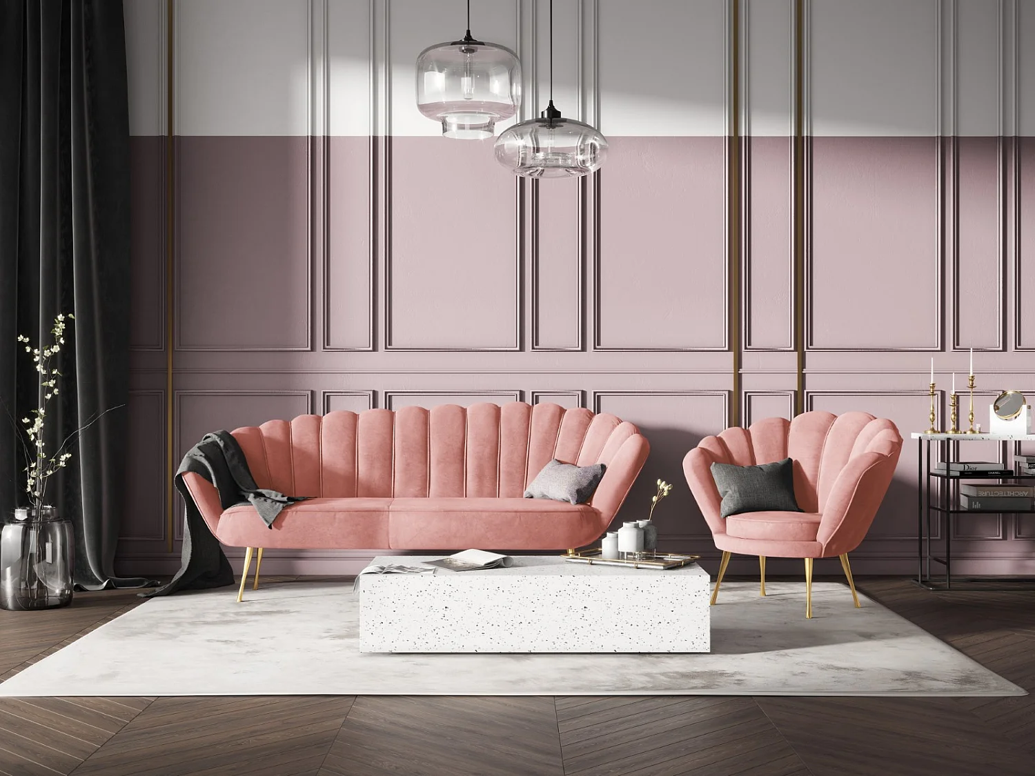 Cosmopolitan Design - Divano "Kingston" 3 posti in velluto rosa - 224x95x85cm