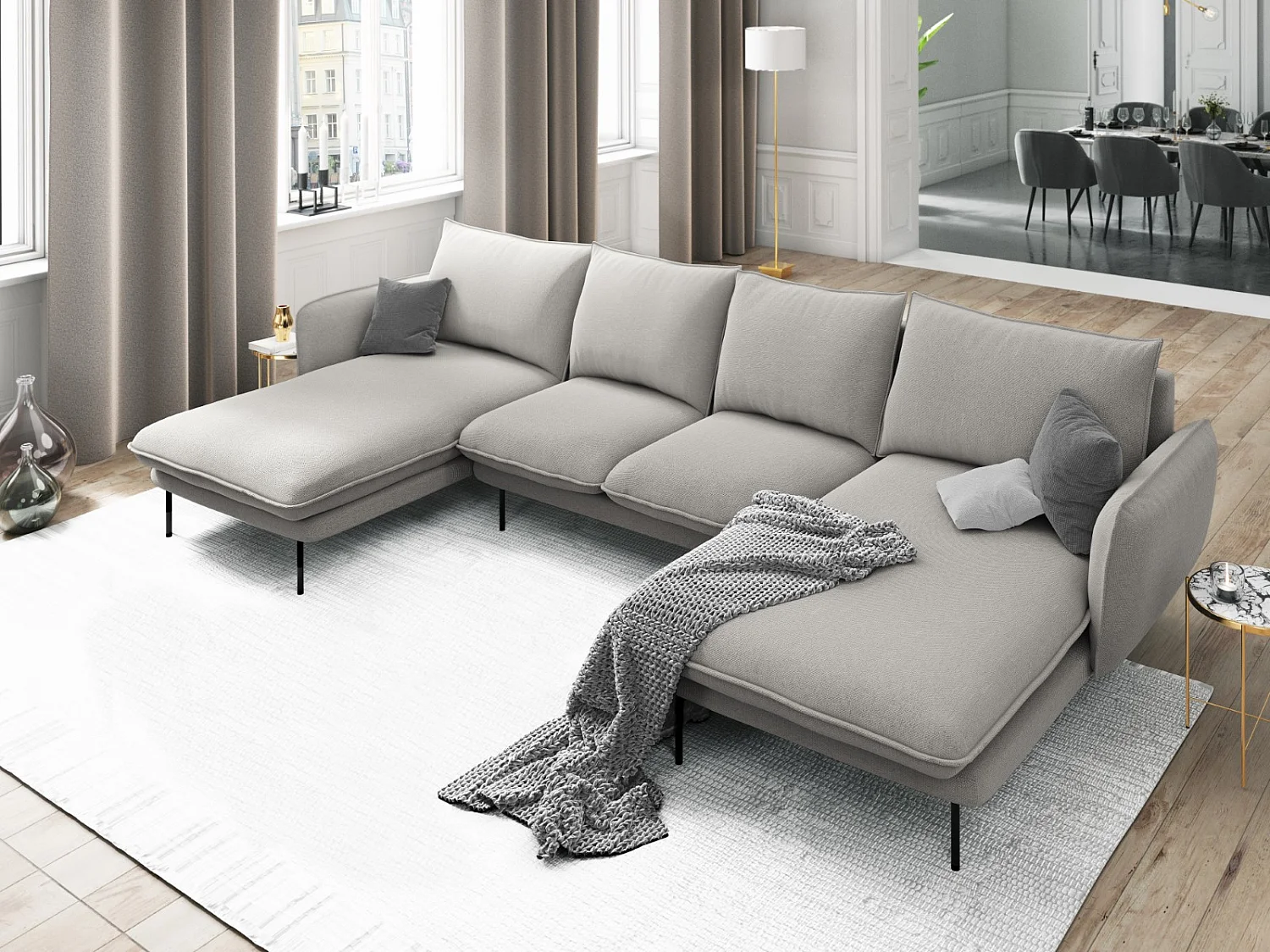 Cosmopolitan Design - Canapé panoramique "Vienna" 6 places en tissu structurel gris clair - 350x170x95cm