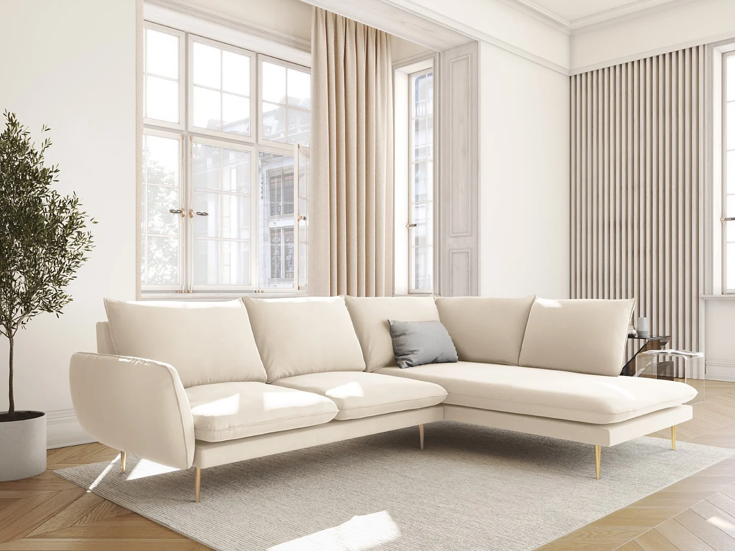 Cosmopolitan Design - Canapé d'angle droit "Vienna" 6 places en velours beige clair - 275x185x95cm