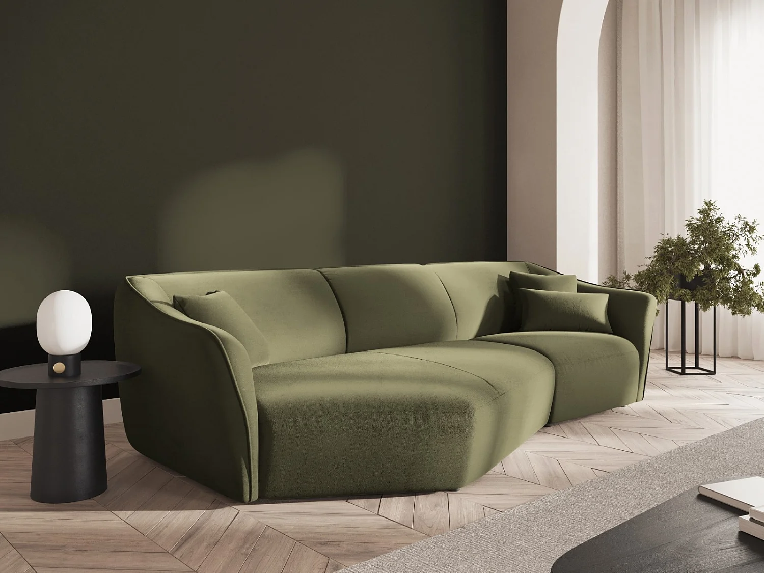 Cosmopolitan Design - Divano angolare modulare sinistro "Tokyo" 5 posti in velluto verde chiaro - 292x138x79cm