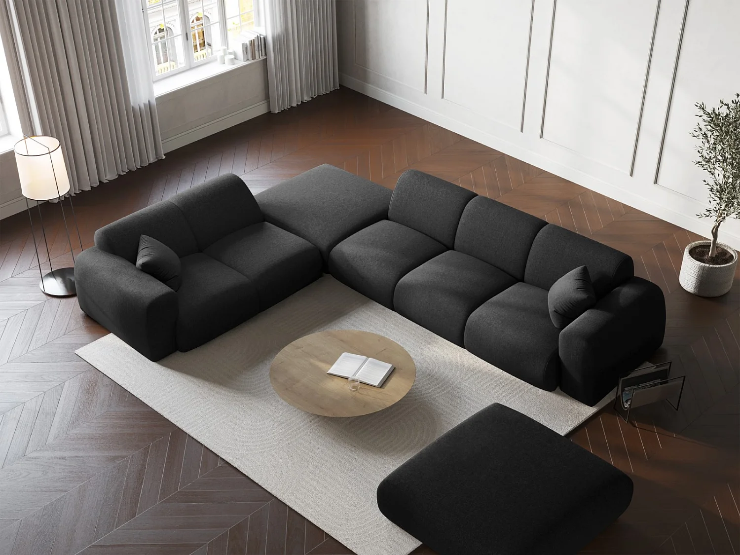 Cosmopolitan Design - 4-Sitzer Ecksofa links "Nolio" aus Chenille-Stoff schwarz - 315x250x72cm