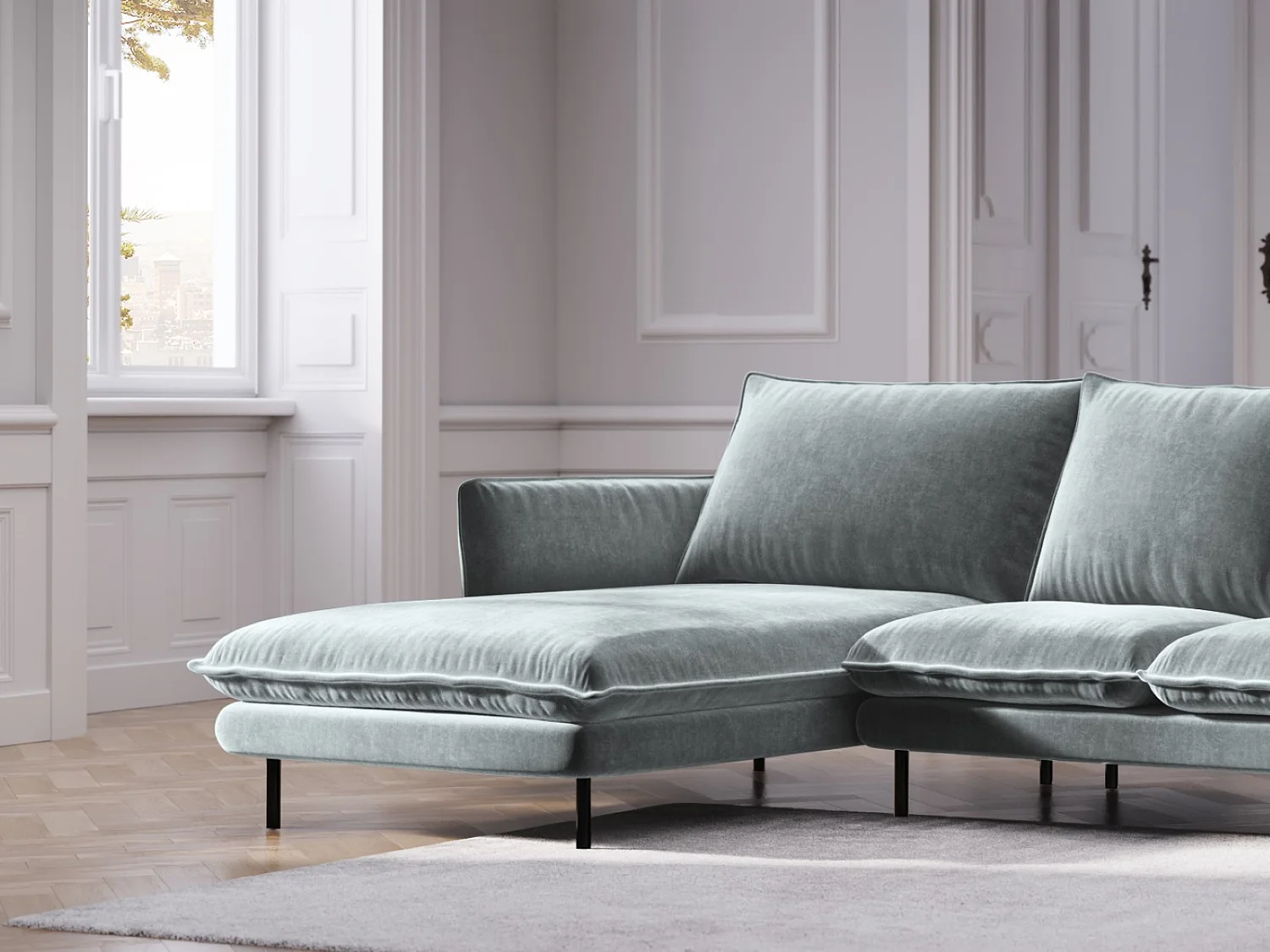 Cosmopolitan Design - Linker hoekbank "Vienna" 5 zitplaatsen, Flueel, Lichtgrijs - 255x170x95cm