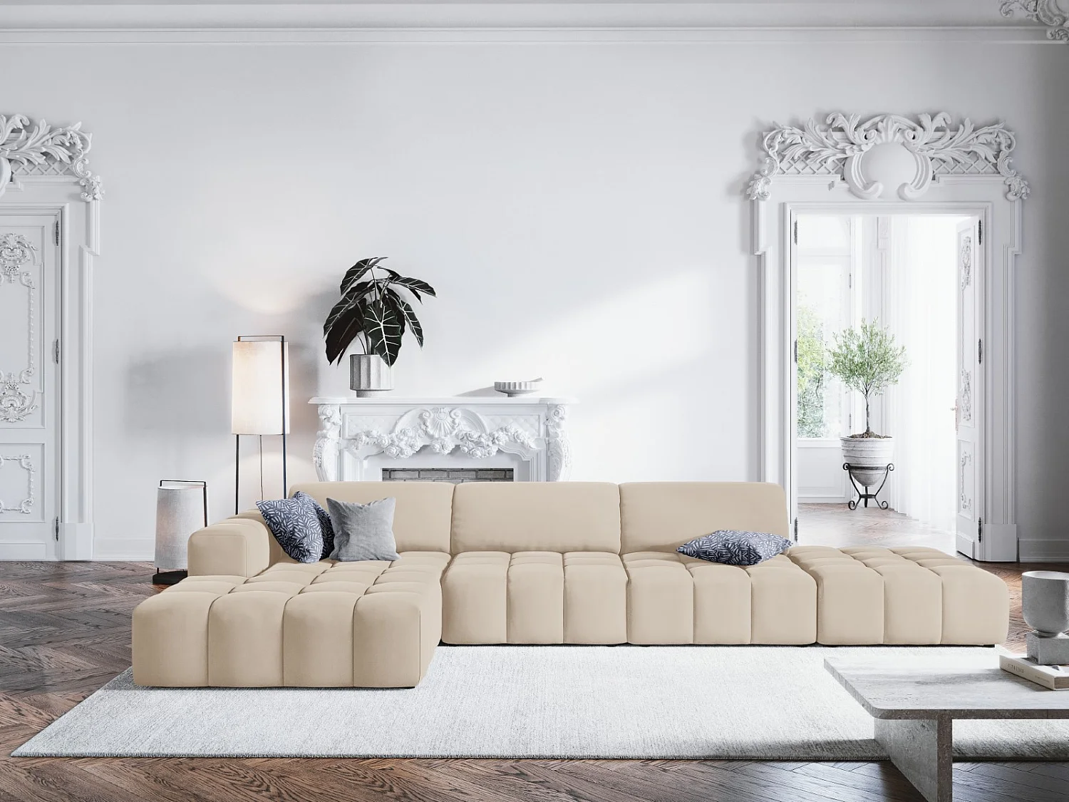 CXL by Christian Lacroix - Linker hoekbank "Luc" 5 zitplaatsen, Flueel, Lichtbeige - 341x166x70cm