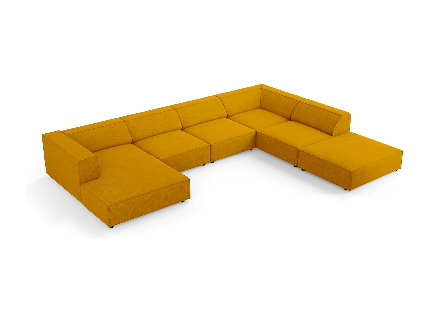 Cosmopolitan Design - Sofá de canto direito panorâmico "Arendal" 7 lugares em tecido chenille com efeito canelado mostarda - 364x262x70cm