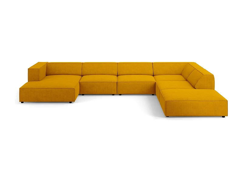 Cosmopolitan Design - Sofá de canto direito panorâmico "Arendal" 7 lugares em tecido chenille com efeito canelado mostarda - 364x262x70cm