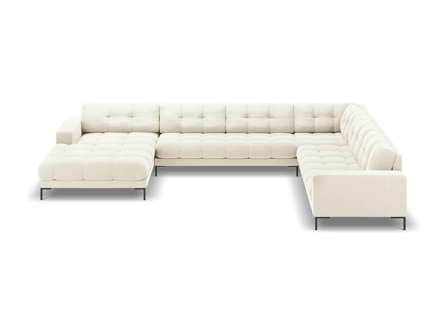 Cosmopolitan Design - Sofá de canto direito panorâmico "Bali" 7 lugares em veludo bege claro - 327x256x75cm