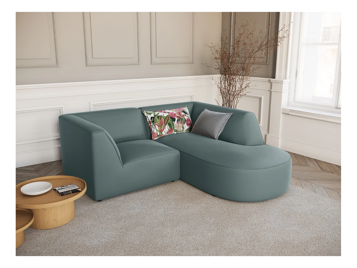 CXL by Christian Lacroix - Canapé d'angle droit "Charles" 3 places en velours menthe - 186x180x69cm