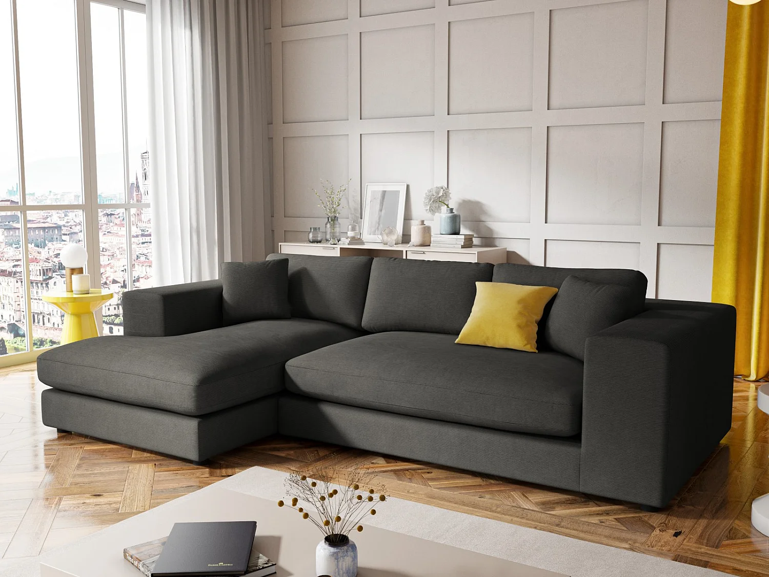 CXL by Christian Lacroix - 5-Sitzer Ecksofa links "Tendance" Sitzer aus Cord dunkelgrau - 282x174x72cm