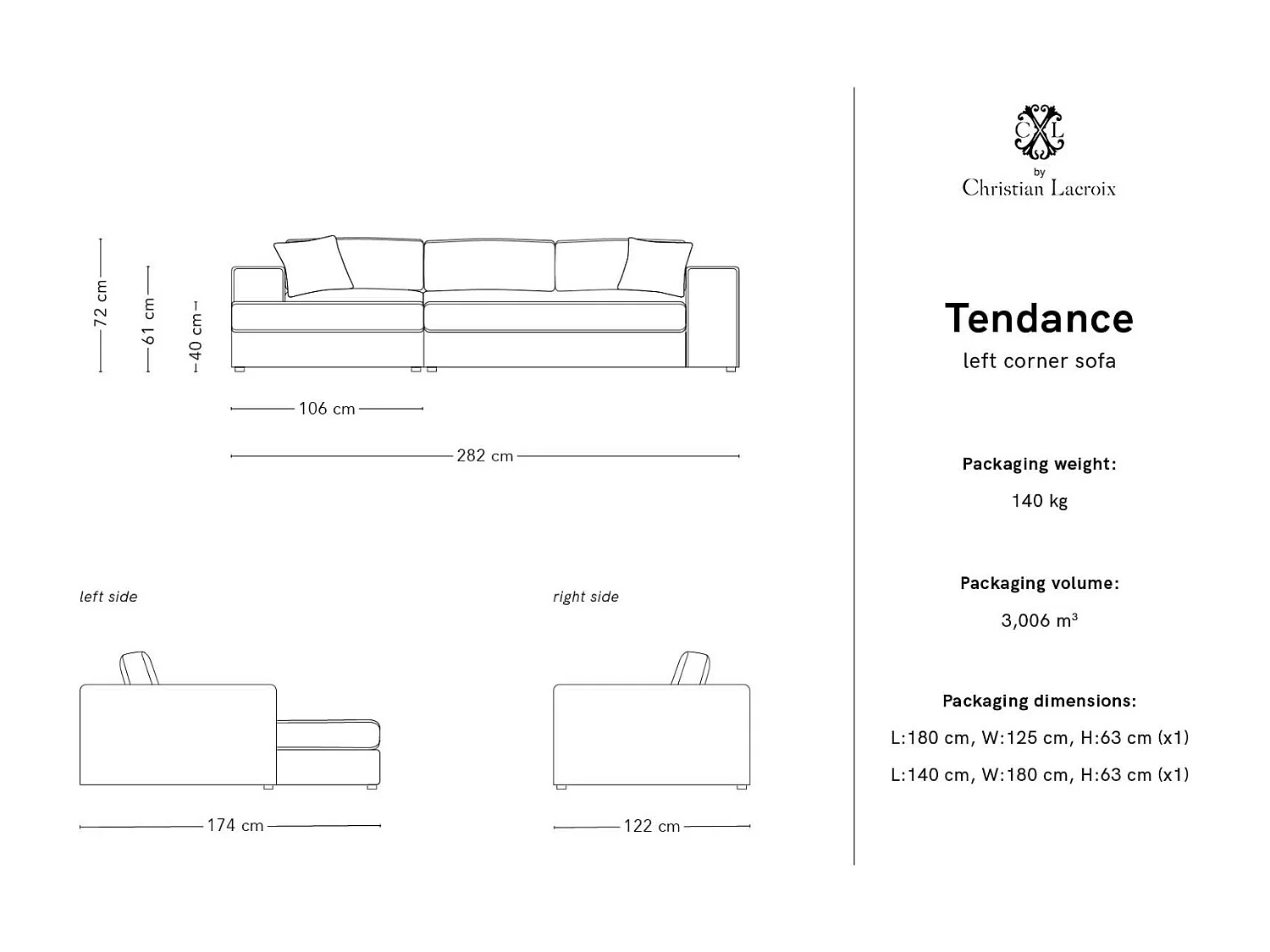 CXL by Christian Lacroix - 5-Sitzer Ecksofa links "Tendance" Sitzer aus Cord dunkelgrau - 282x174x72cm
