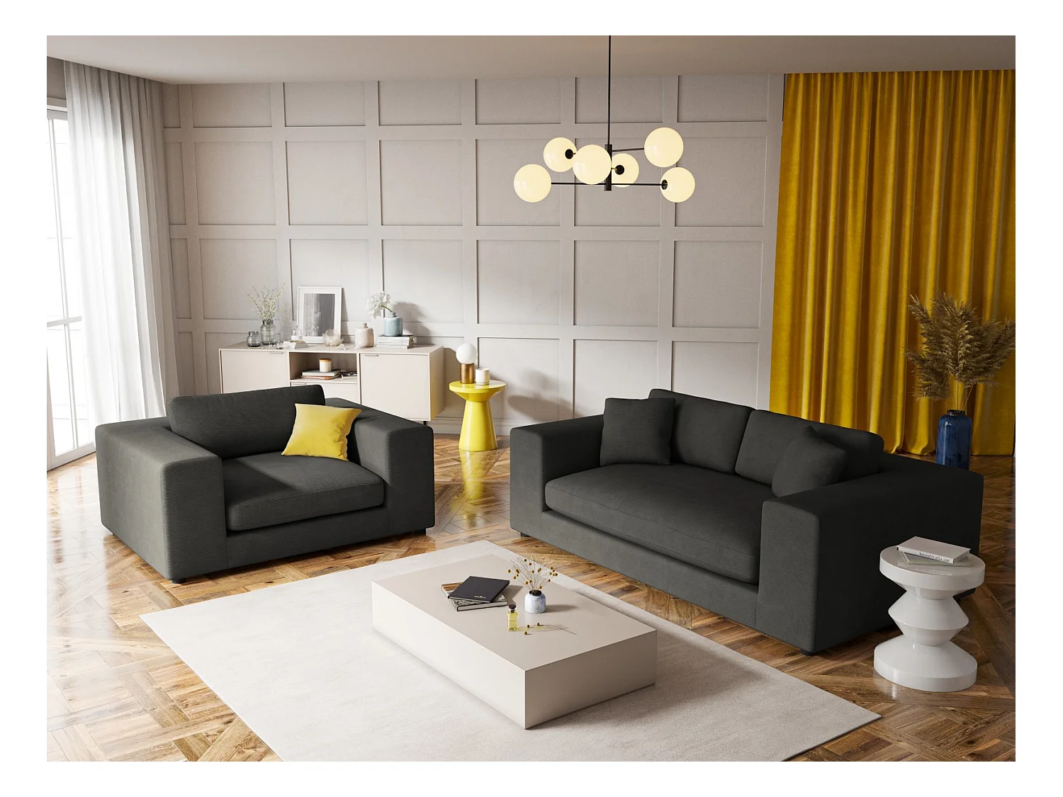 CXL by Christian Lacroix - Canapé "Tendance" 1,5 place en velours côtelé gris foncé - 156x122x72cm