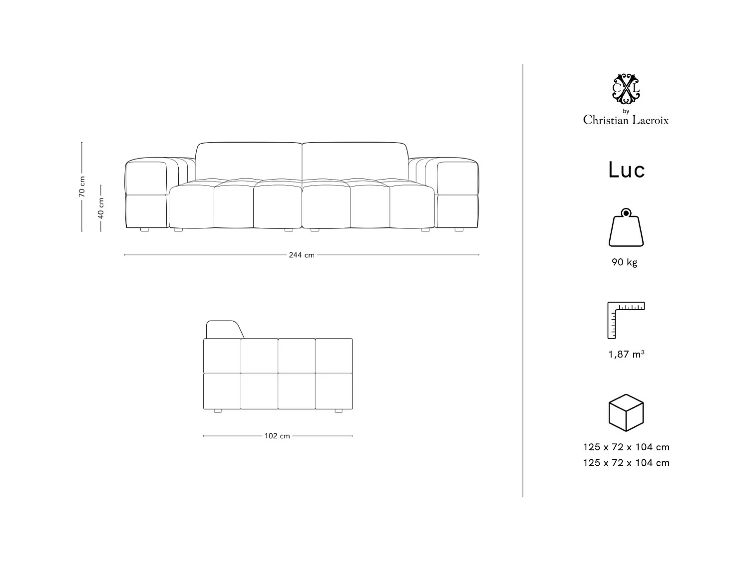 CXL by Christian Lacroix - Bank "Luc" 4 zitplaatsen, Flueel, Zwart - 244x102x70cm
