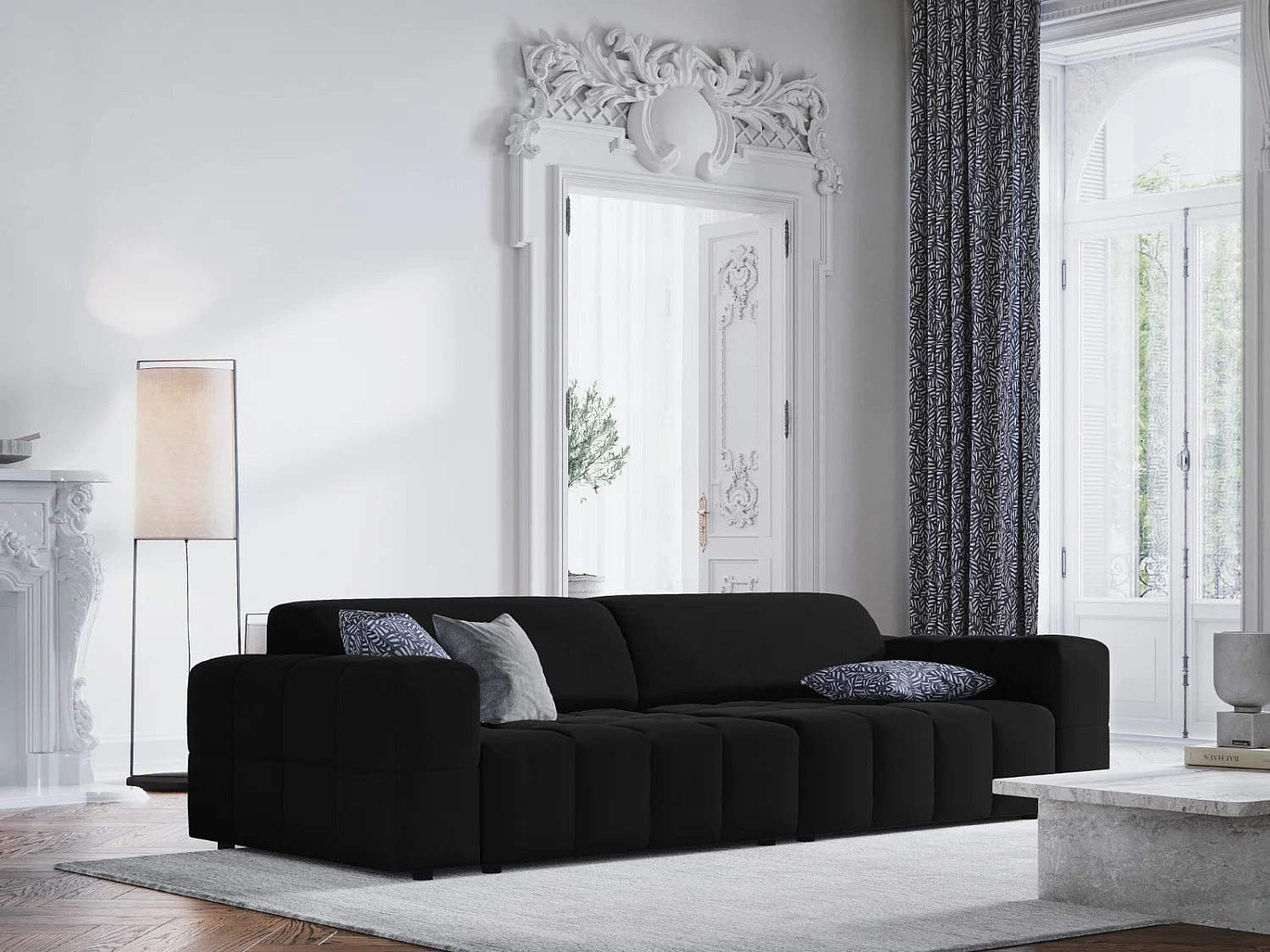 CXL by Christian Lacroix - Sofá "Luc" 4 lugares em veludo preto - 244x102x70cm