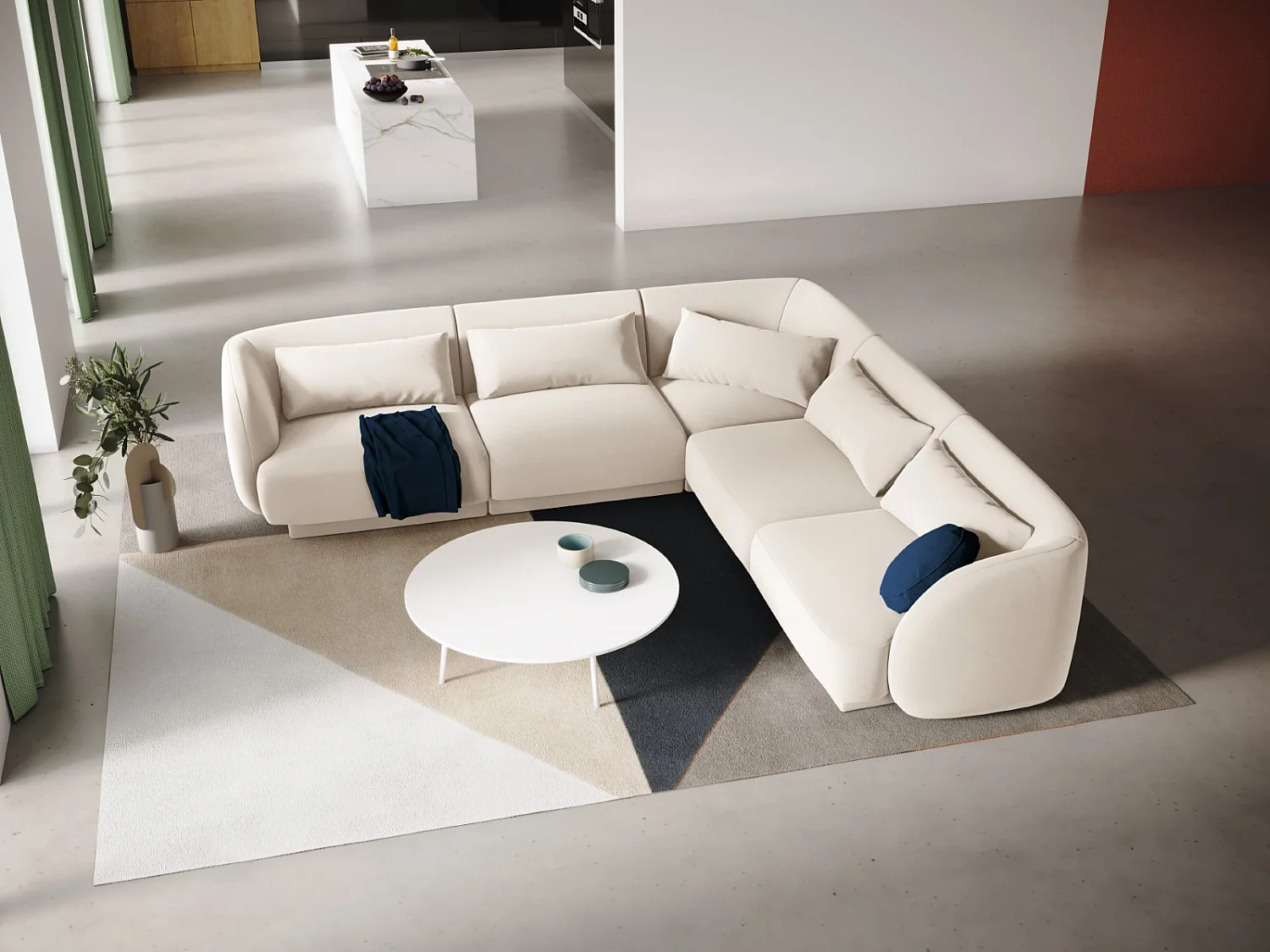 Cosmopolitan Design - Symmetrische hoekbank "Tulum" 5 zitplaatsen, Flueel, Lichtbeige - 255x255x70cm