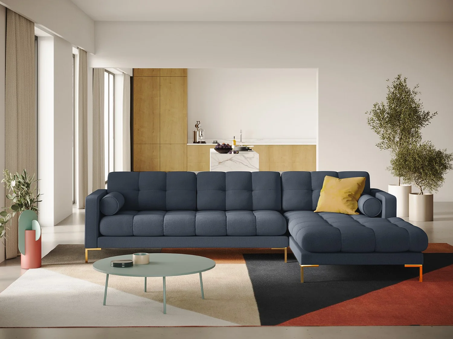 Cosmopolitan Design - 5-Sitzer Ecksofa rechts "Bali" aus strukturiertem Stoff dunkelblau - 293x185x75cm