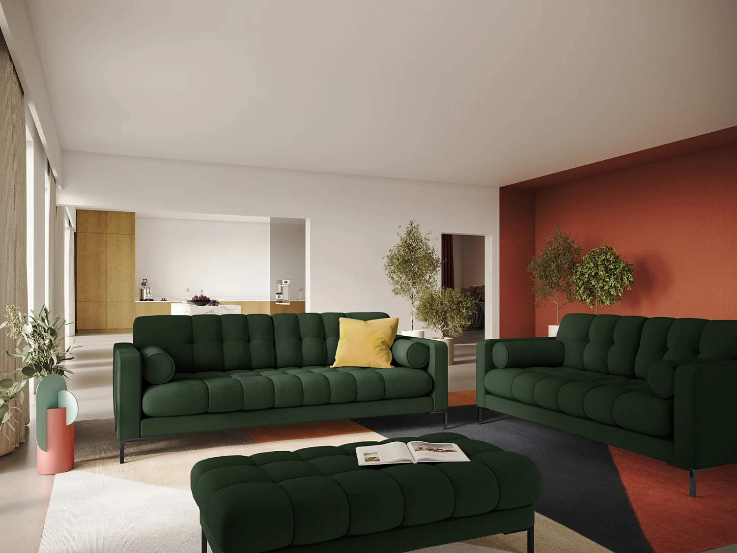 Cosmopolitan Design - Bank "Bali" 4 zitplaatsen, Structurele stof, Donkergroen - 217x92x75cm